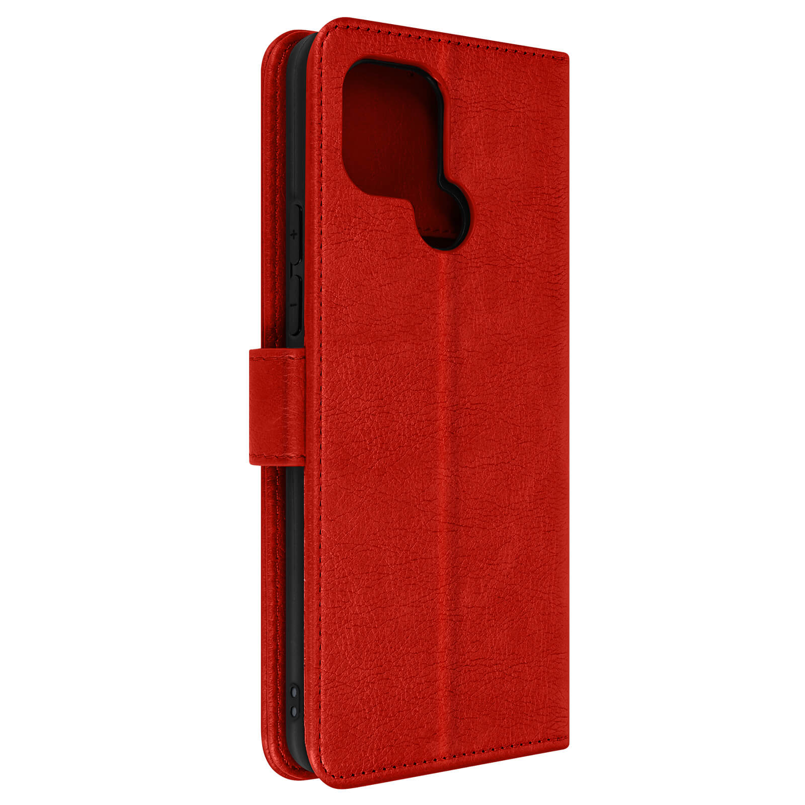 Custodia per telefono in pelle rossa chiusa. Ha una chiusura magnetica.