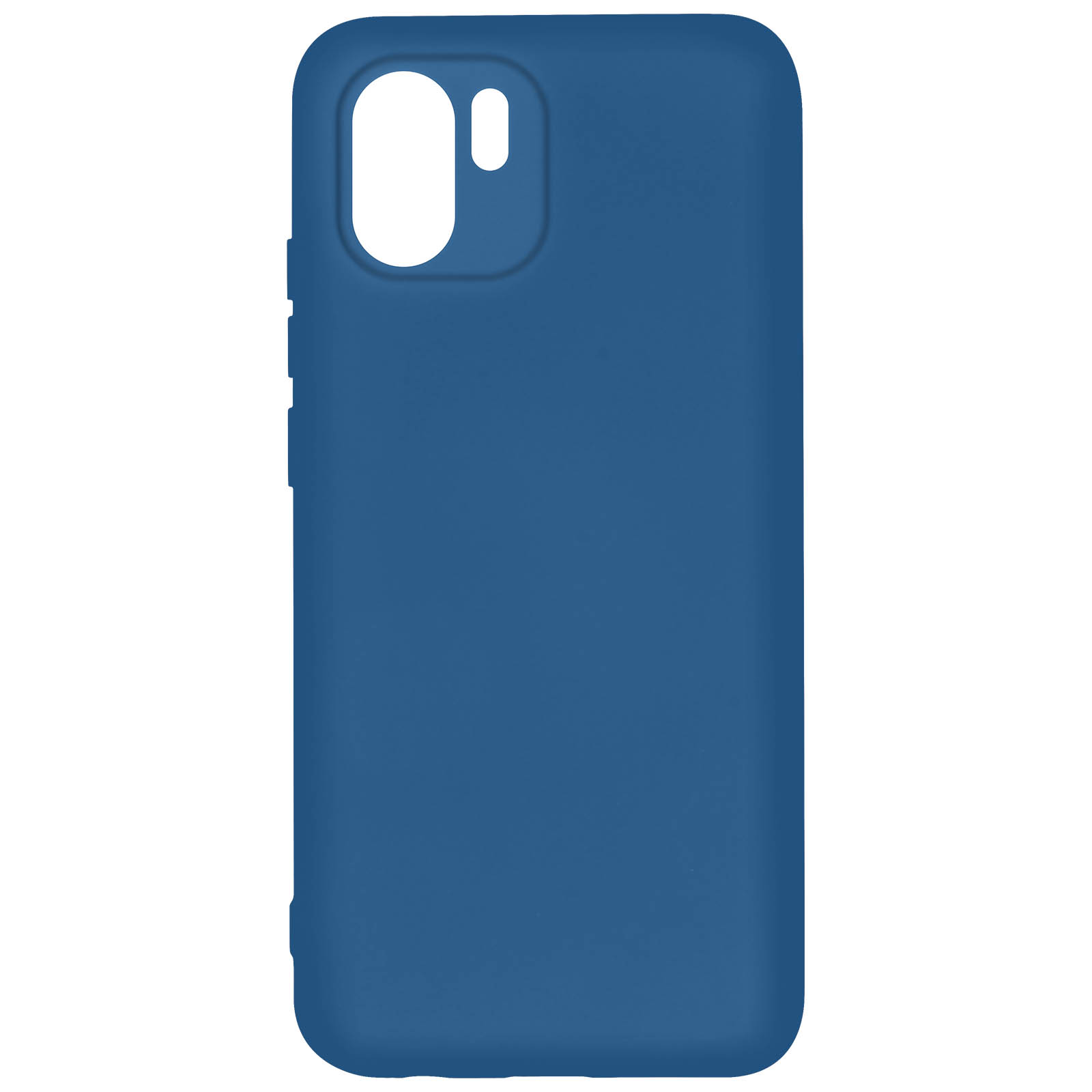 Een blauw telefoonhoesje met uitsparingen voor de camera en flitser. Witte achtergrond.