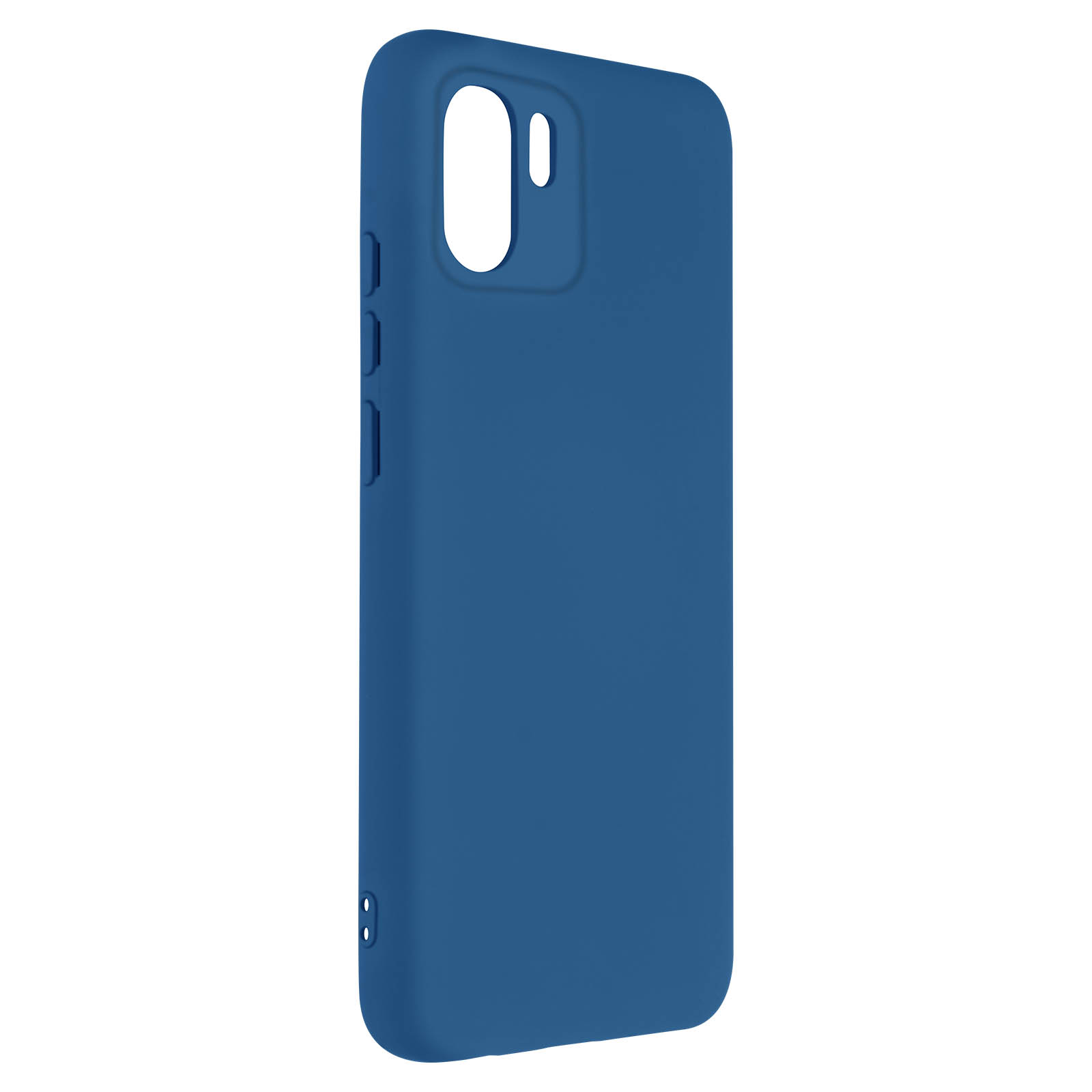 Blauwe telefoonhoes. Het heeft uitsparingen voor de camera en knoppen. Het materiaal lijkt glad.