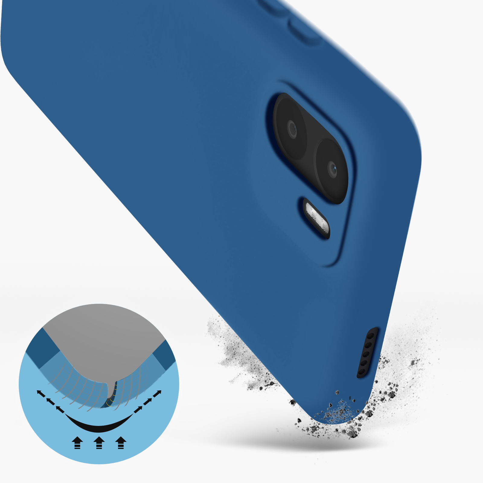 Blauwe telefoonhoes met twee cameragaten. Diagram toont impactbestendigheid. Achtergrond is wit.