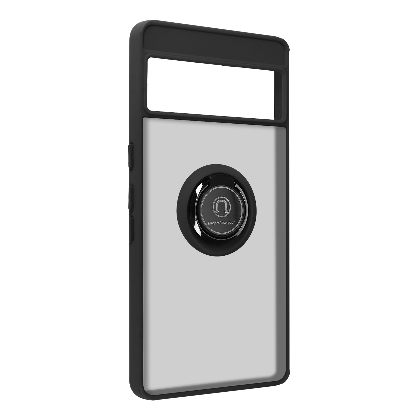 Una custodia per telefono con cornice nera e un anello argentato con il logo MagnetoSystem.