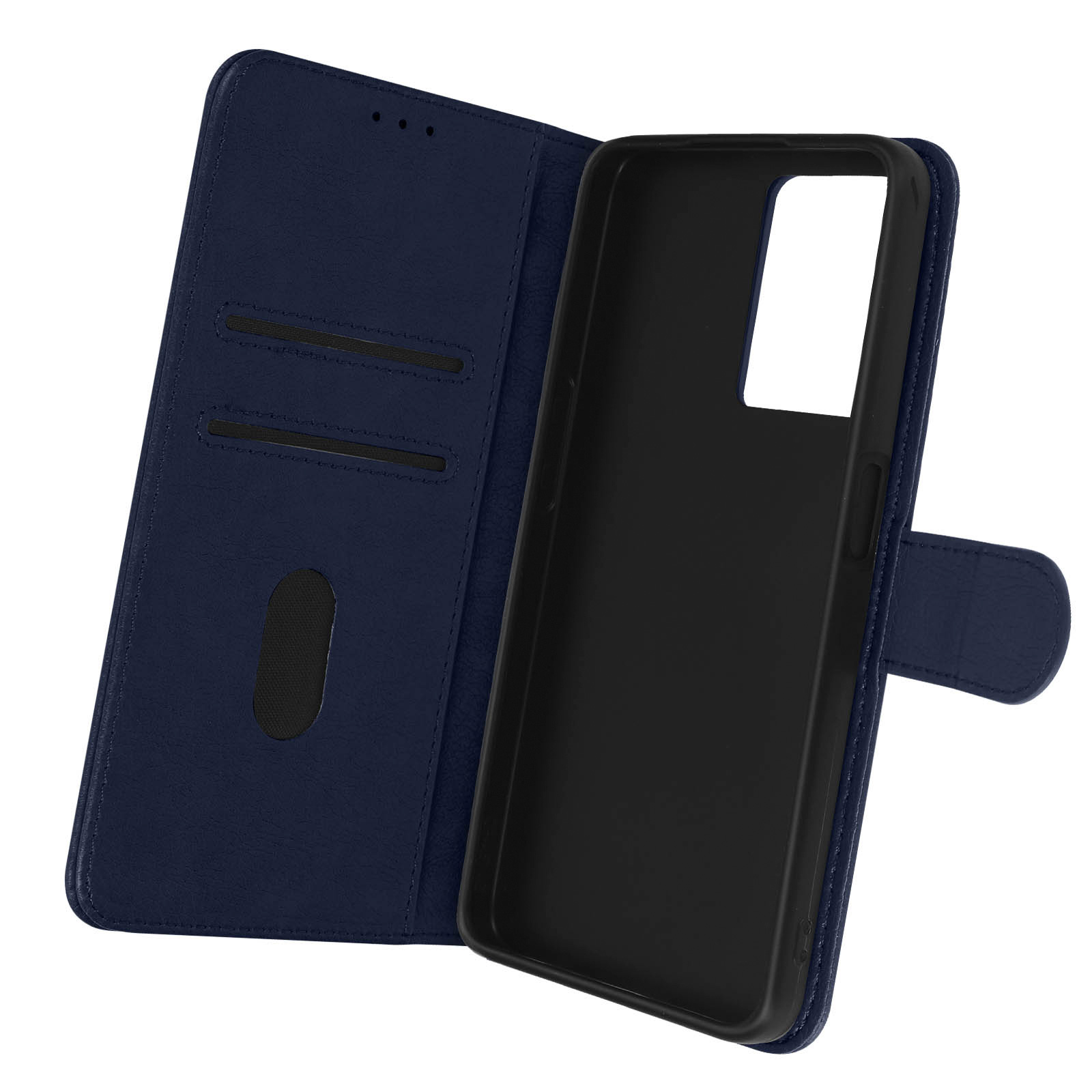 Custodia per telefono blu, aperta, che rivela un interno nero. Ha una chiusura magnetica.