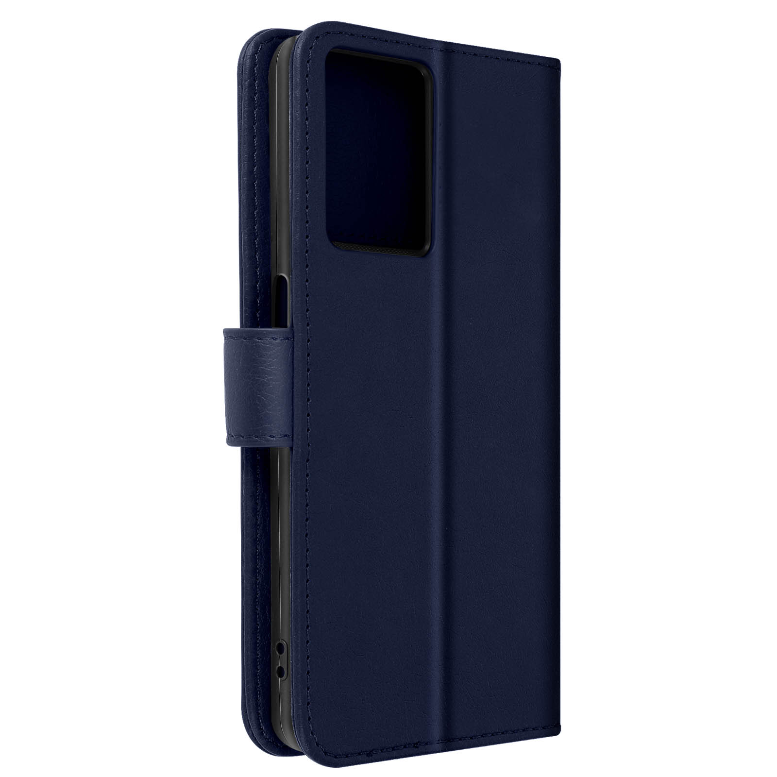 Custodia per telefono blu scuro, chiusa, con chiusura magnetica.