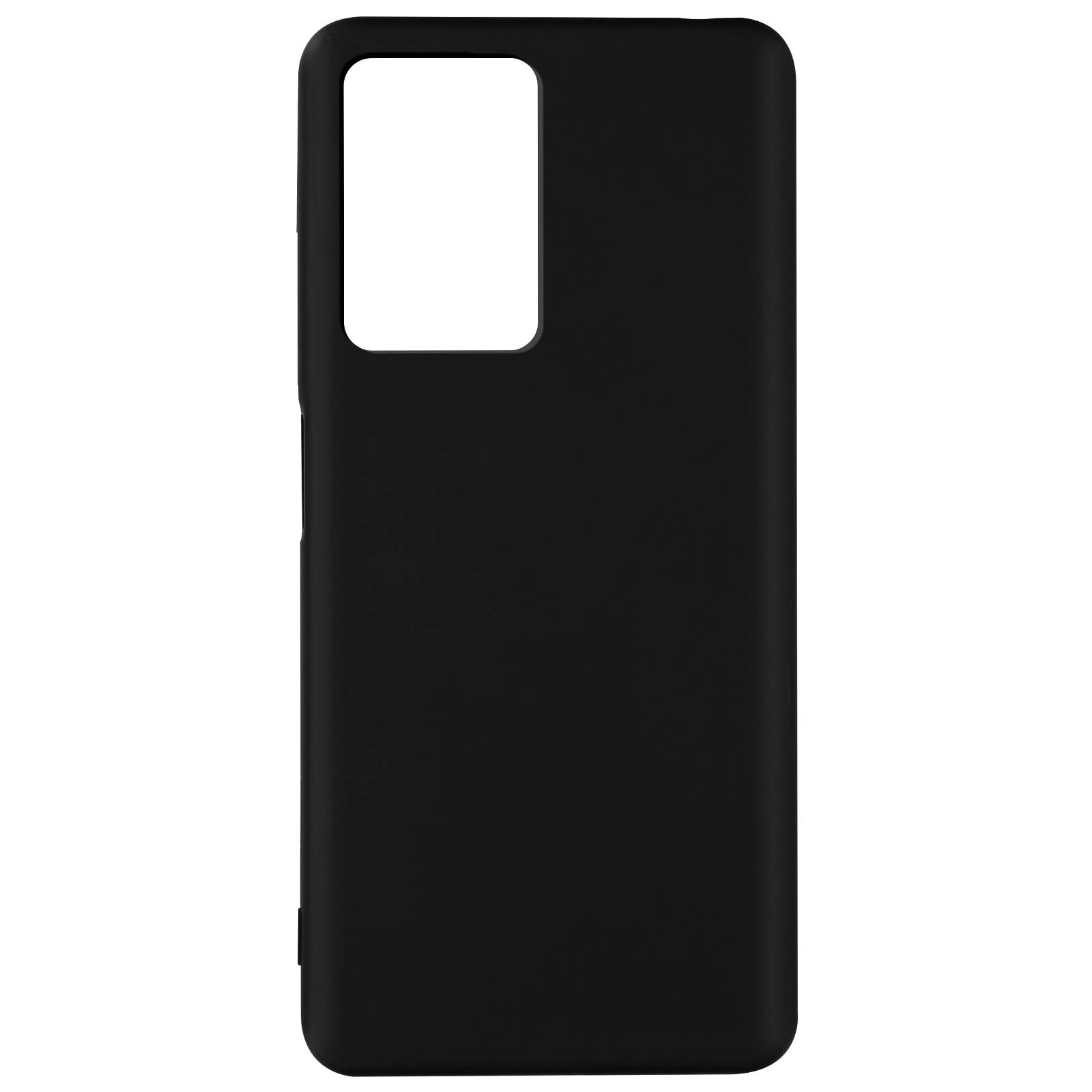 Custodia nera per telefono con un ritaglio per la fotocamera. La custodia è semplice e minimalista.