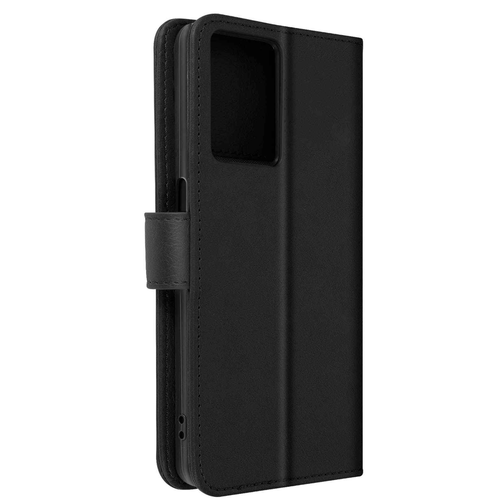 Una custodia per telefono nera chiusa con chiusura magnetica. Sfondo bianco.