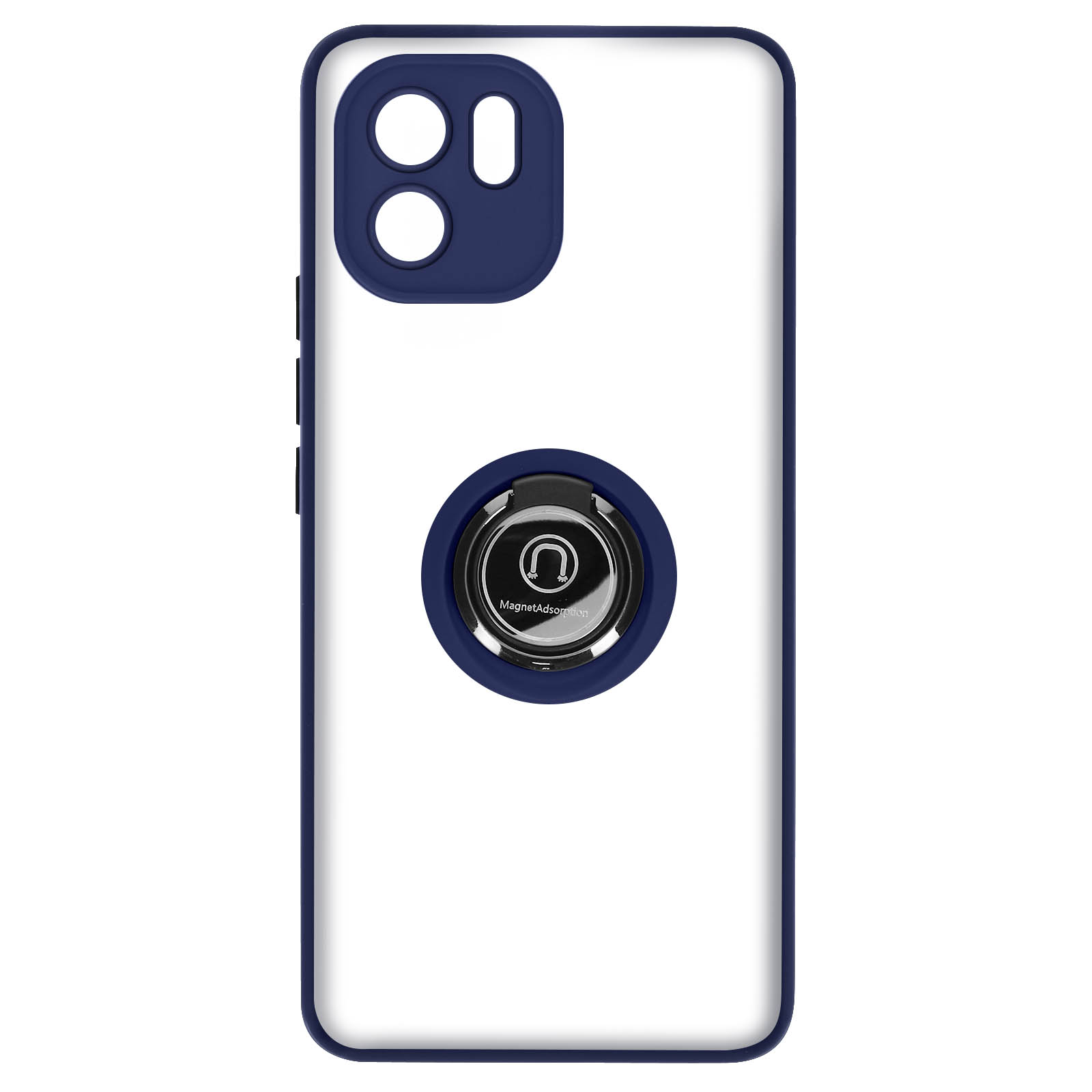 Coque de téléphone transparente avec anneau bleu et téléphone. Fond blanc.