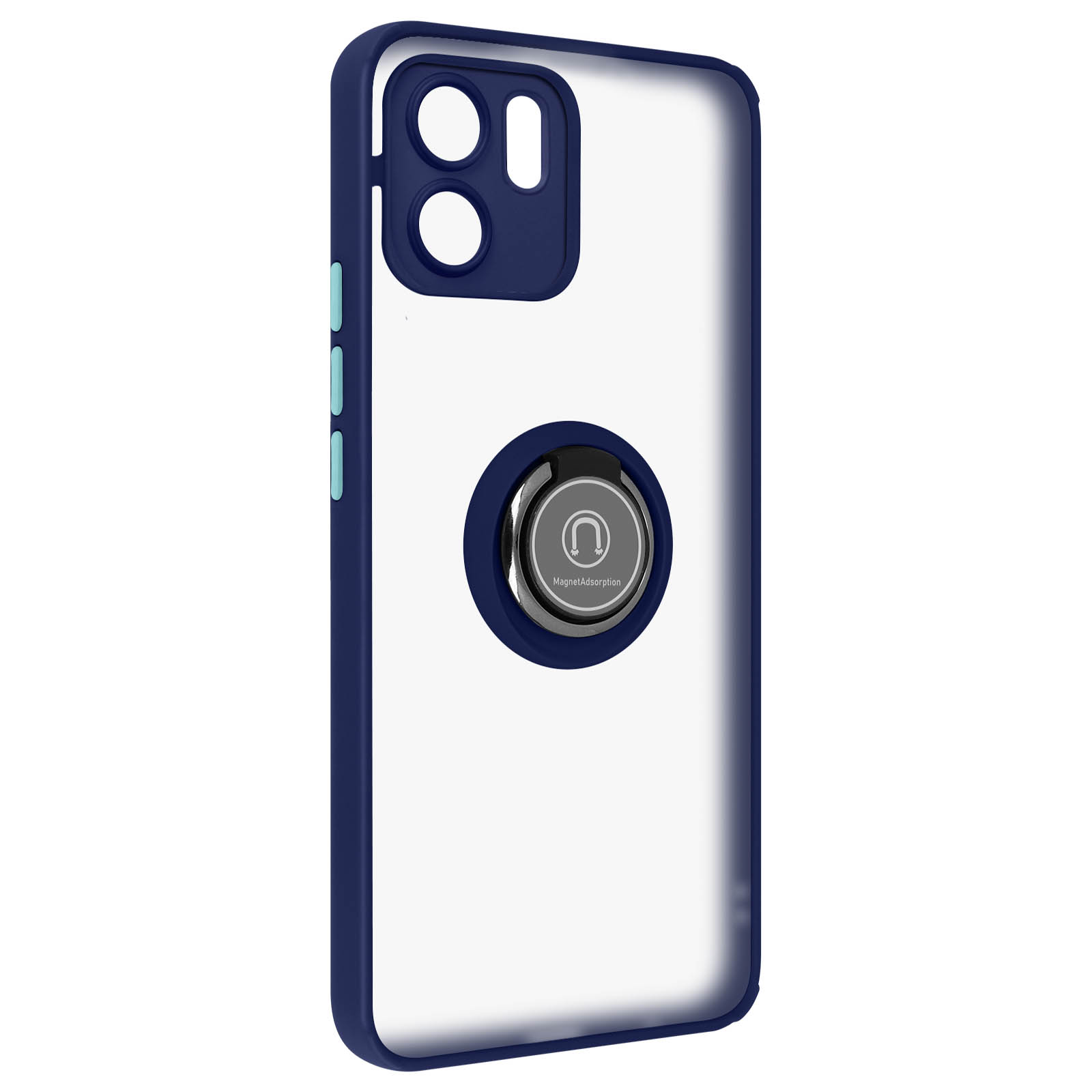 Coque de téléphone transparente, bords bleus, avec anneau pour la prise en main, vue latérale.