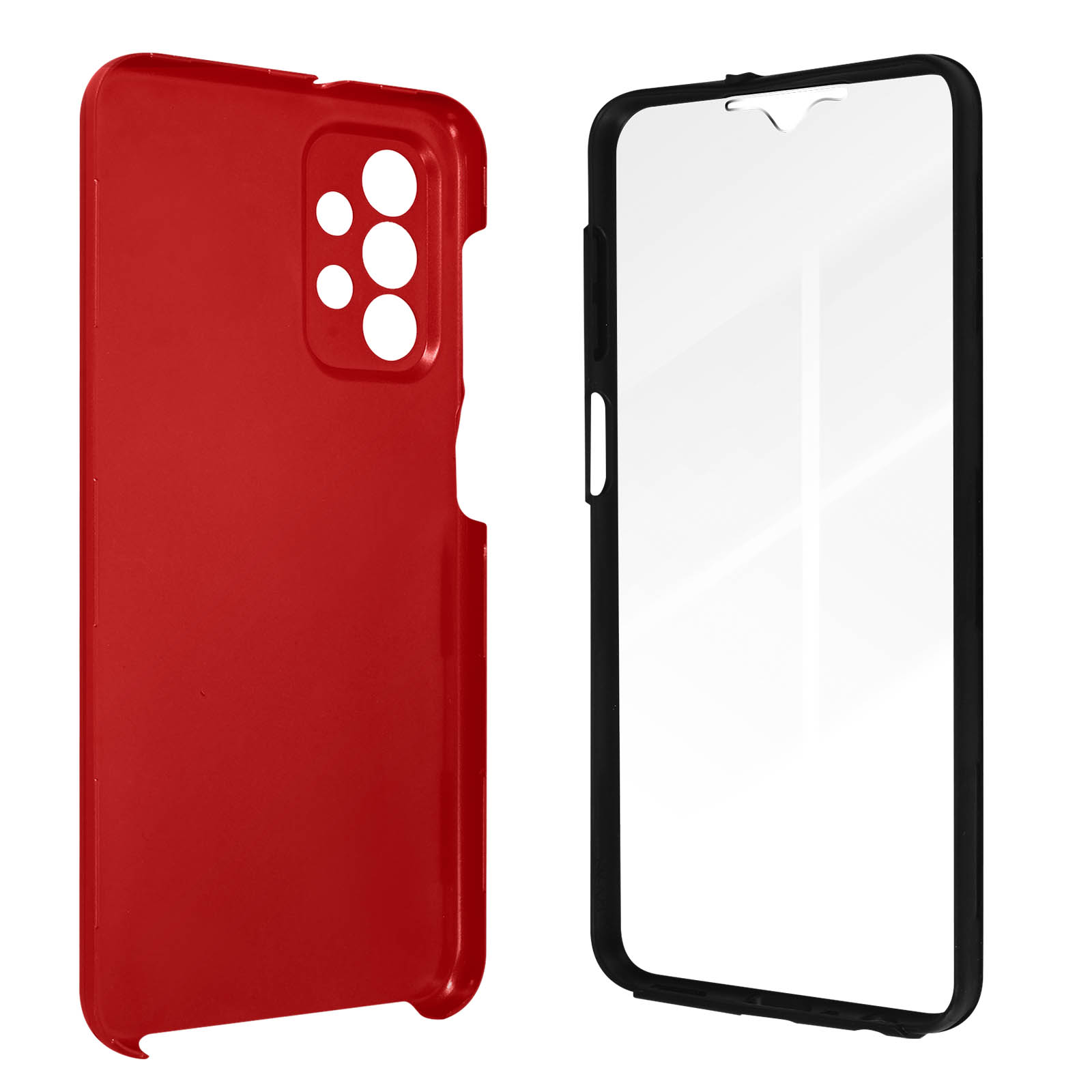 Una custodia per telefono rossa e una protezione per lo schermo, entrambi aperti, con il corpo del telefono visibile.