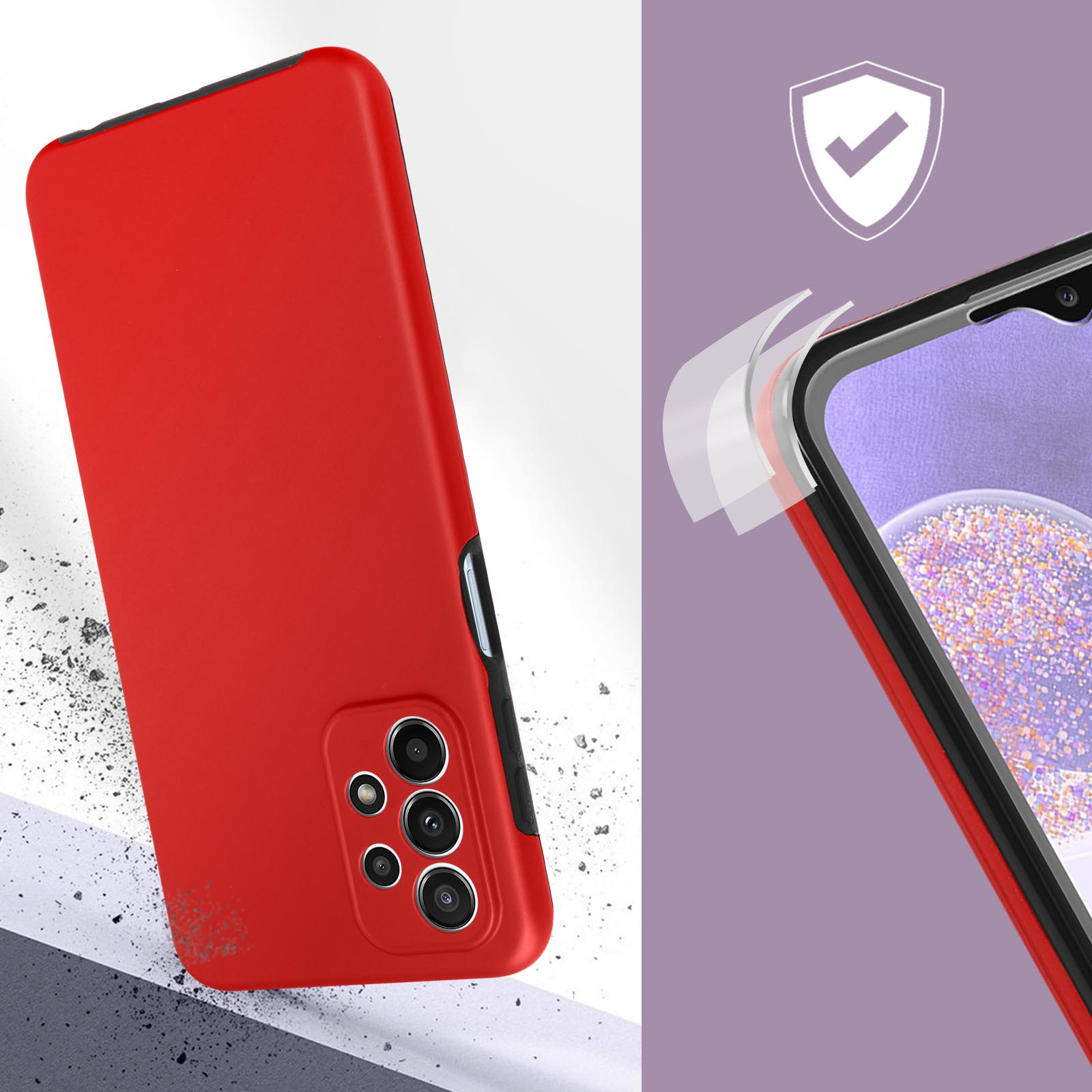 Una custodia per telefono rossa con un rigonfiamento della fotocamera e un primo piano del bordo che mostra la protezione dagli impatti.