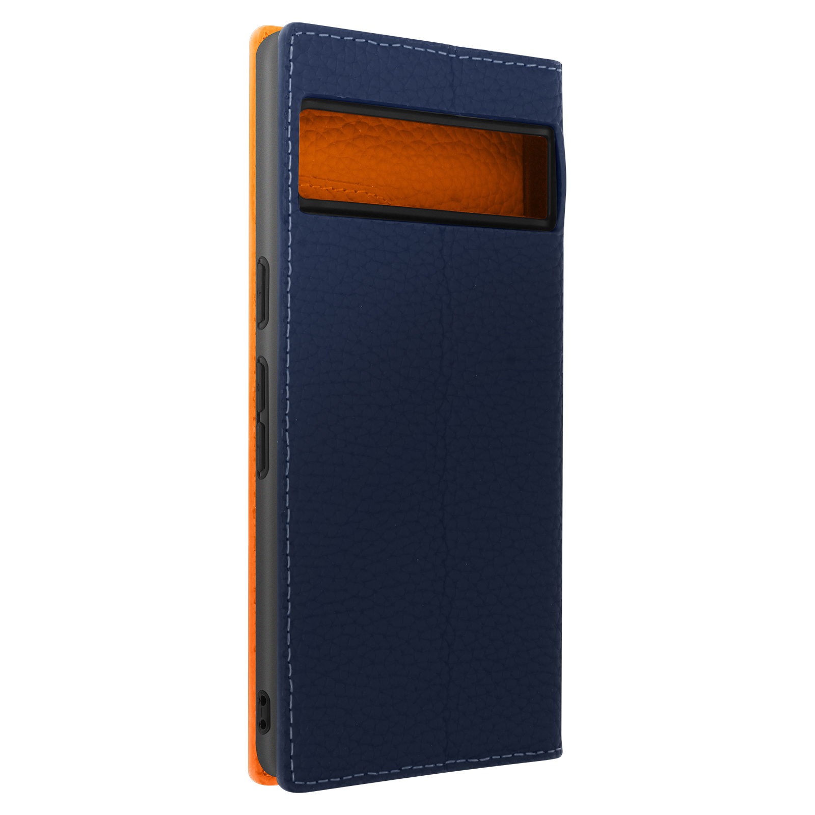 Primo piano della custodia del telefono. È blu navy con cornice e finestra arancione.