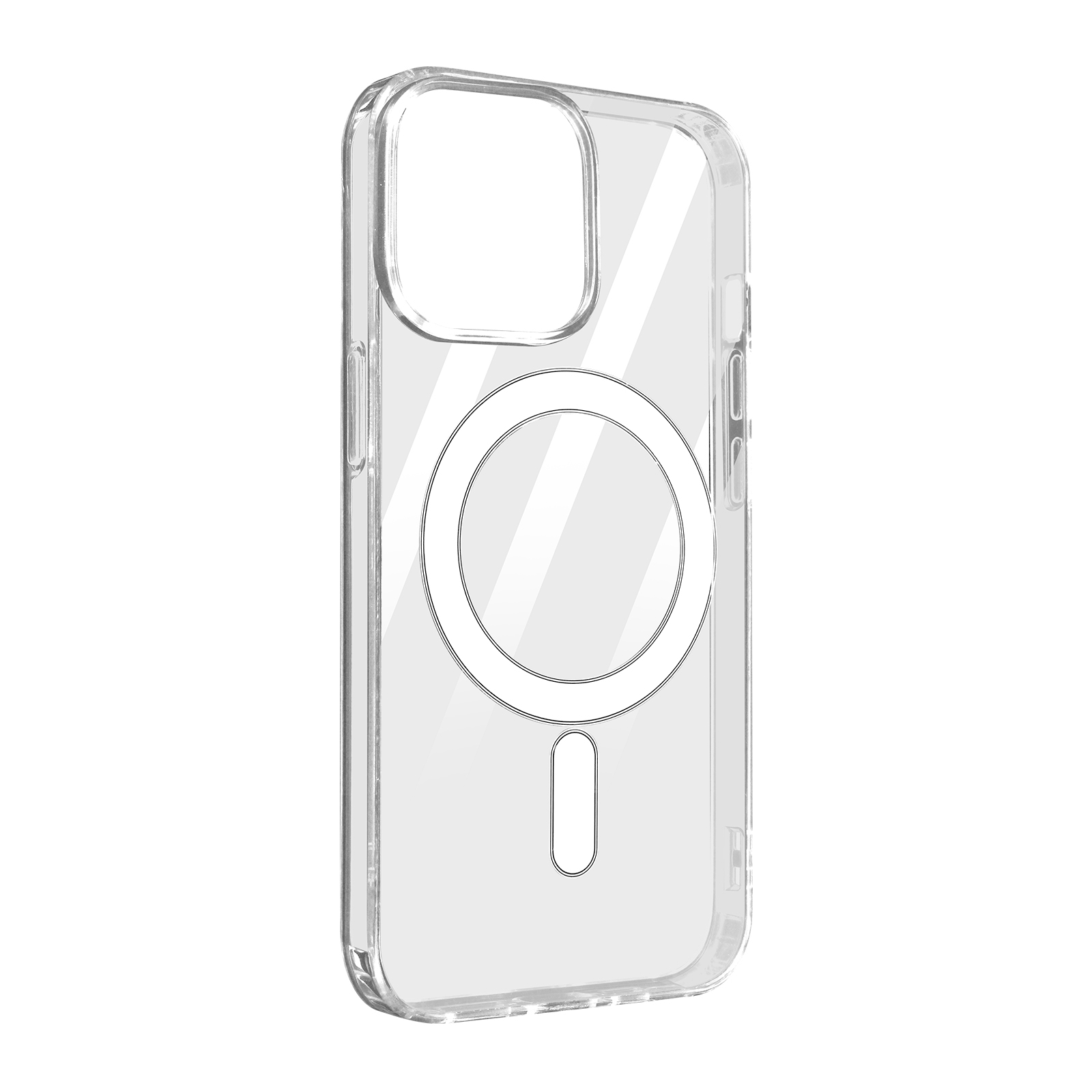 Custodia trasparente per telefono con ritaglio fotocamera e cerchio magnetico bianco.