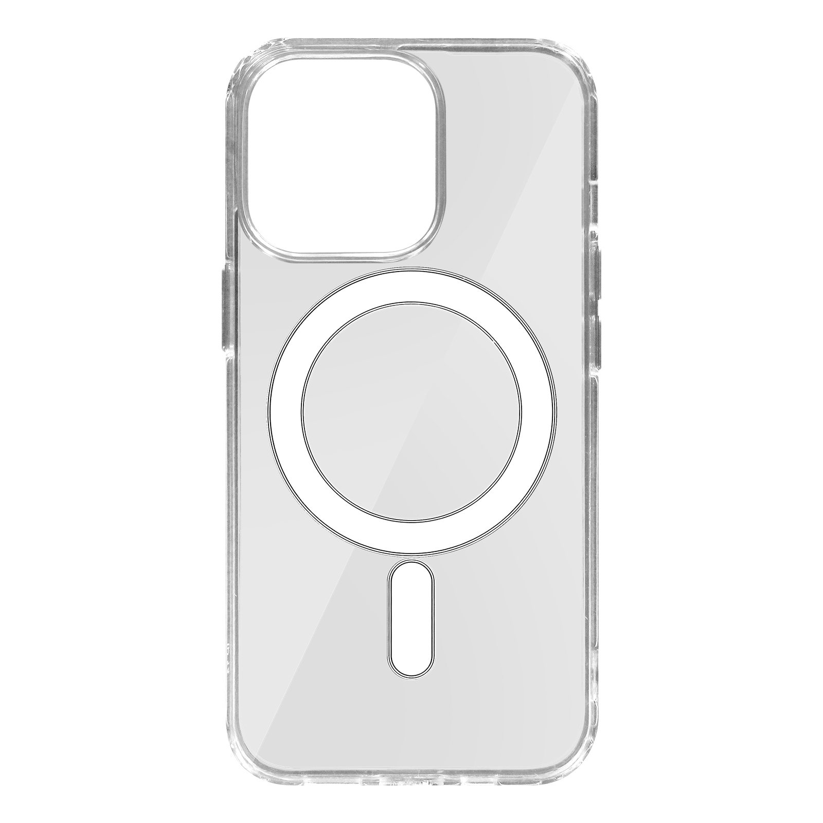 Una custodia trasparente per telefono con un design a cerchio bianco sul retro. La custodia ha un aspetto leggermente trasparente.