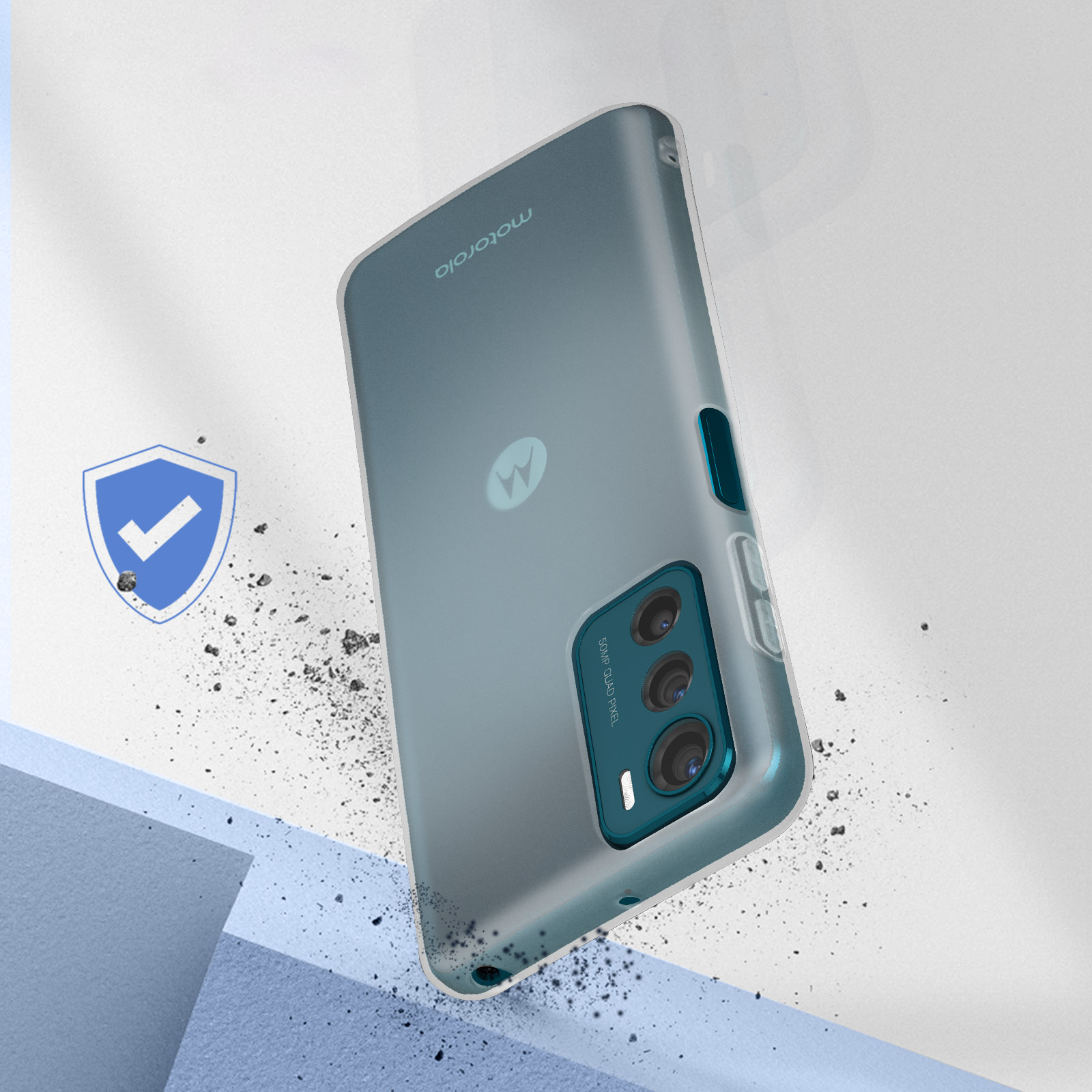 Custodia blu per telefono con telefono su superficie crepata. Molteplici fotocamere.