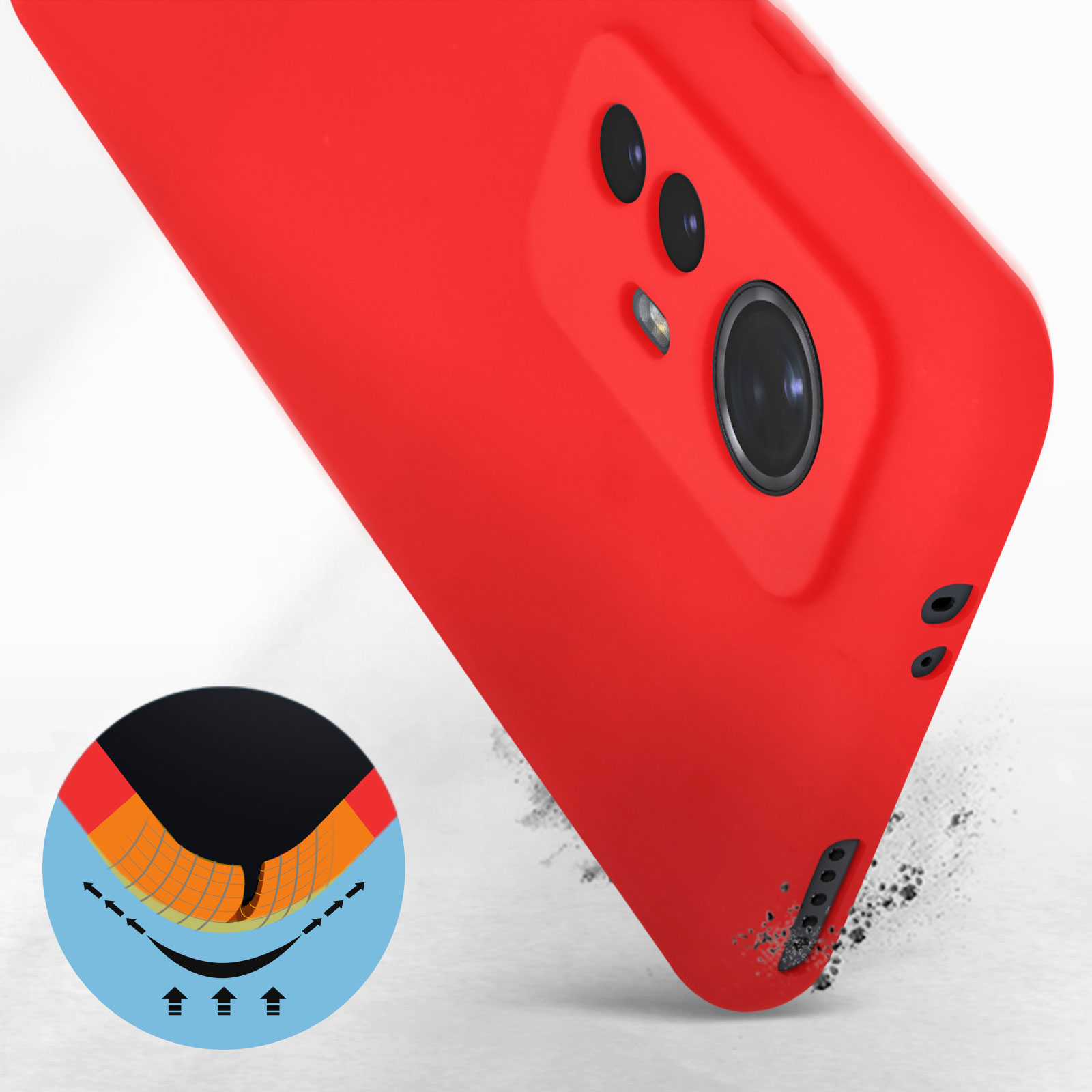 Una custodia rossa per telefono con dettagli neri della fotocamera, accanto a una grafica di protezione dagli urti.