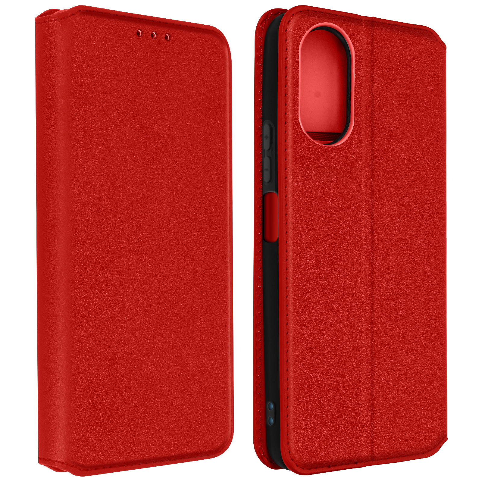 Rode leren telefoonhoes, open en dicht. Voorzien van knipgaten en een gladde textuur.