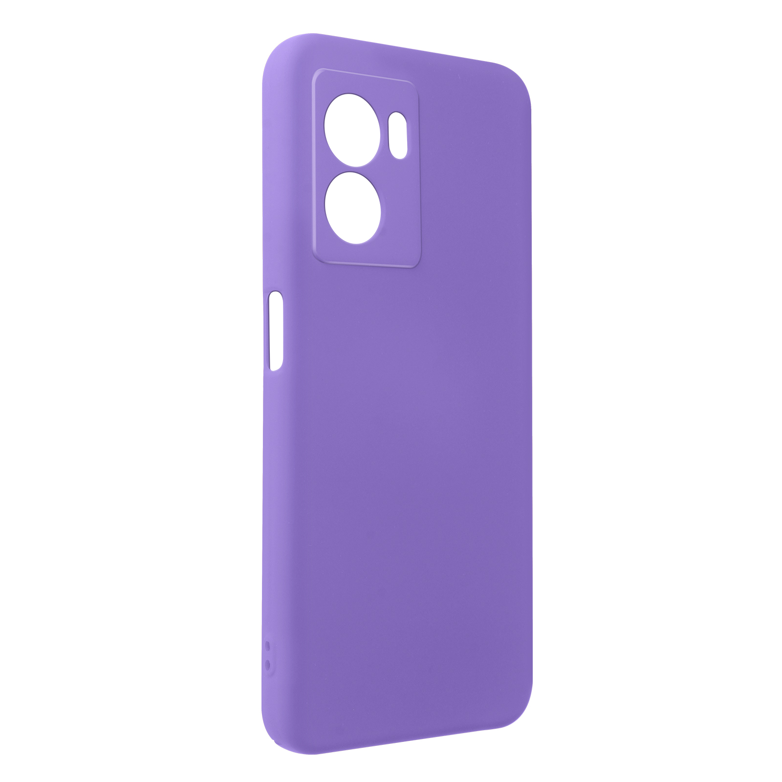 Custodia viola, vista laterale, con ritagli per fotocamera e design pulito.