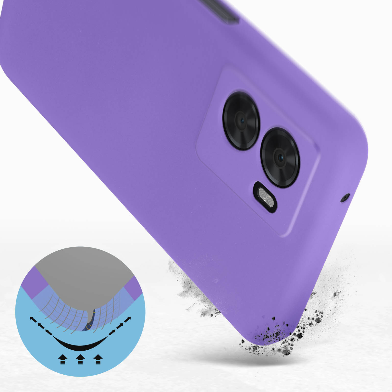 Una custodia per telefono viola con un rialzo per la fotocamera. La custodia è angolata, mostrando un design protettivo con frecce.
