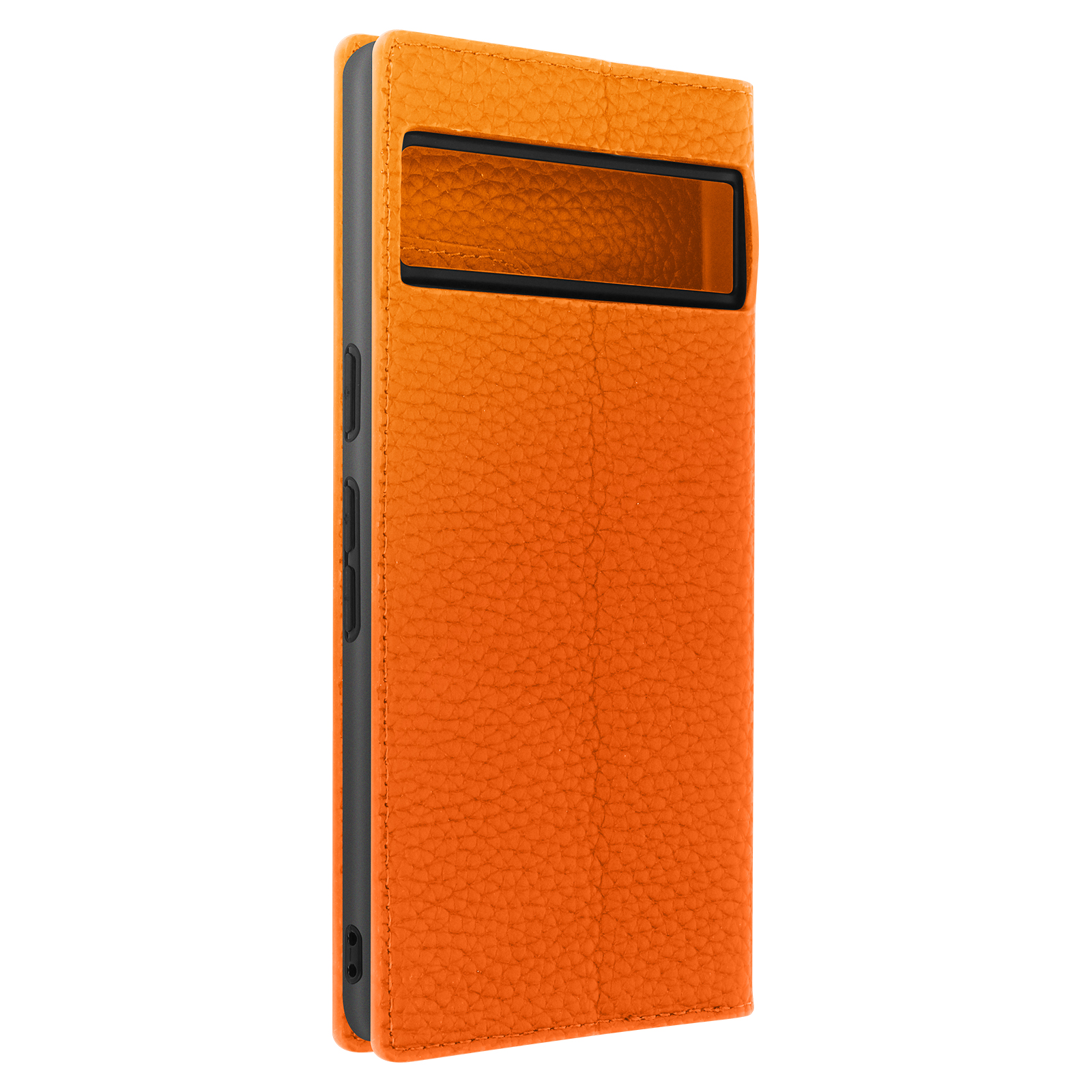 Étui de téléphone en cuir orange avec accent noir. Surface texturée. Orientation verticale.