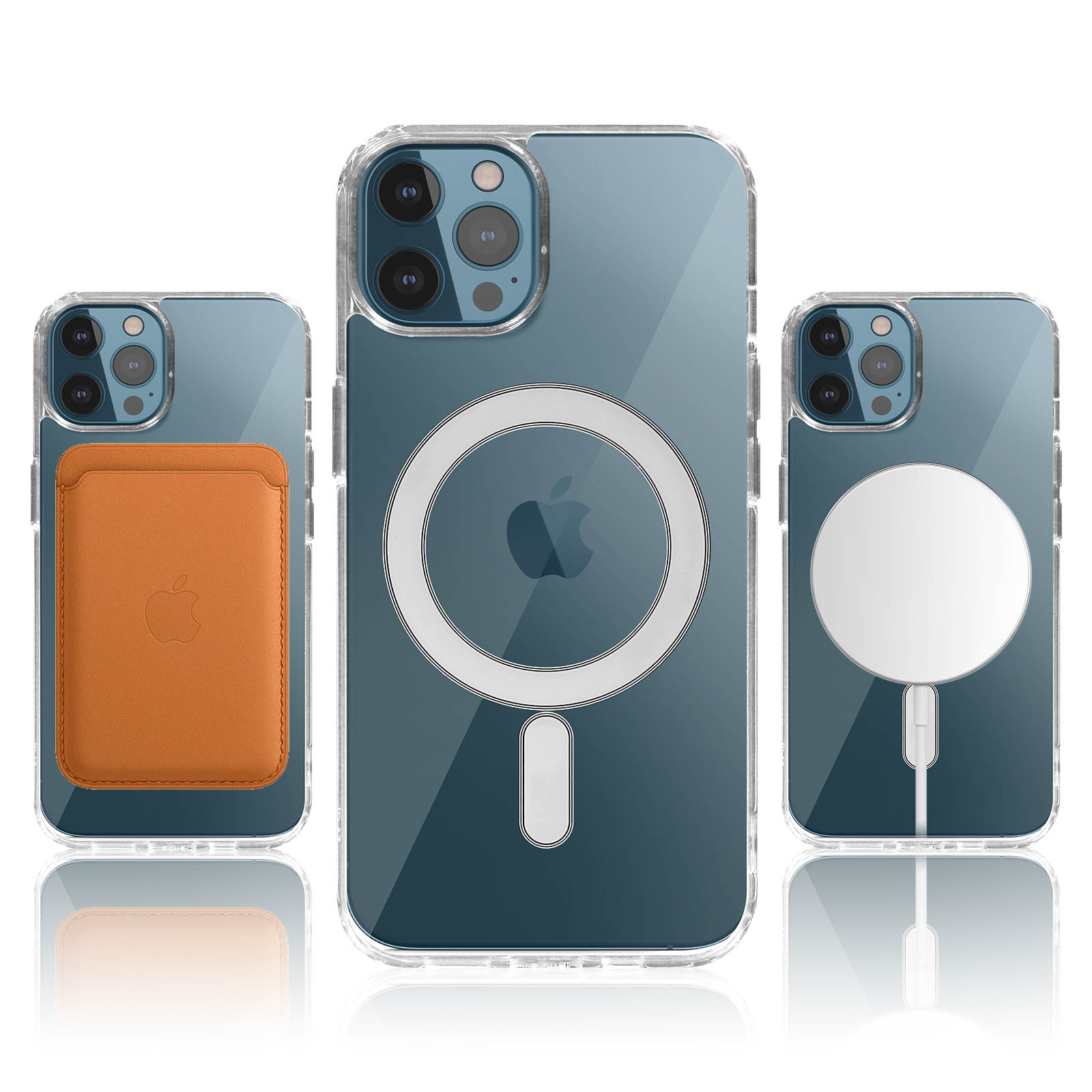 Tre telefoni, un portafoglio e un dispositivo di ricarica. Tutti trasparenti e i telefoni hanno i loghi Apple.