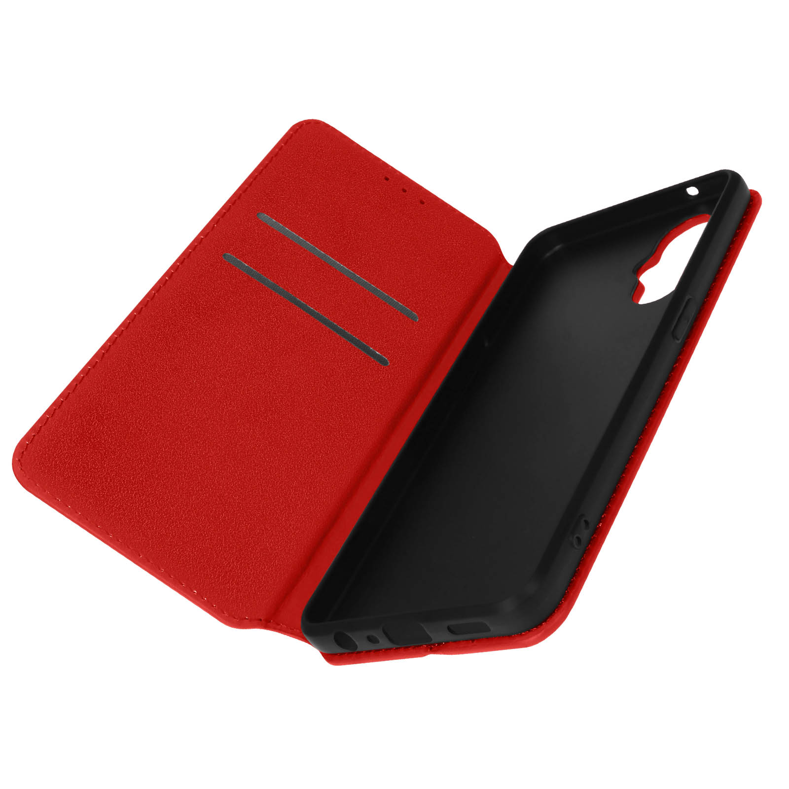 Custodia per telefono rossa, aperta, che mostra l'interno con fessure per carte e il supporto del telefono.