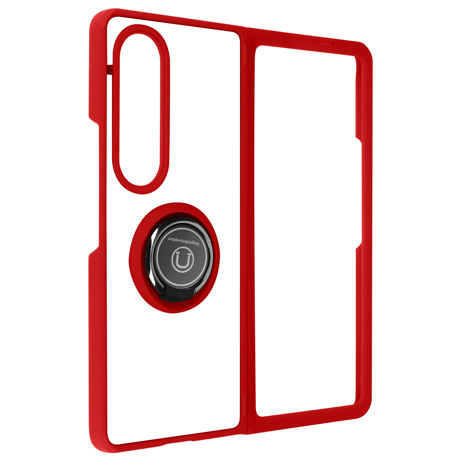 Custodia rossa con supporto ad anello, su sfondo bianco.