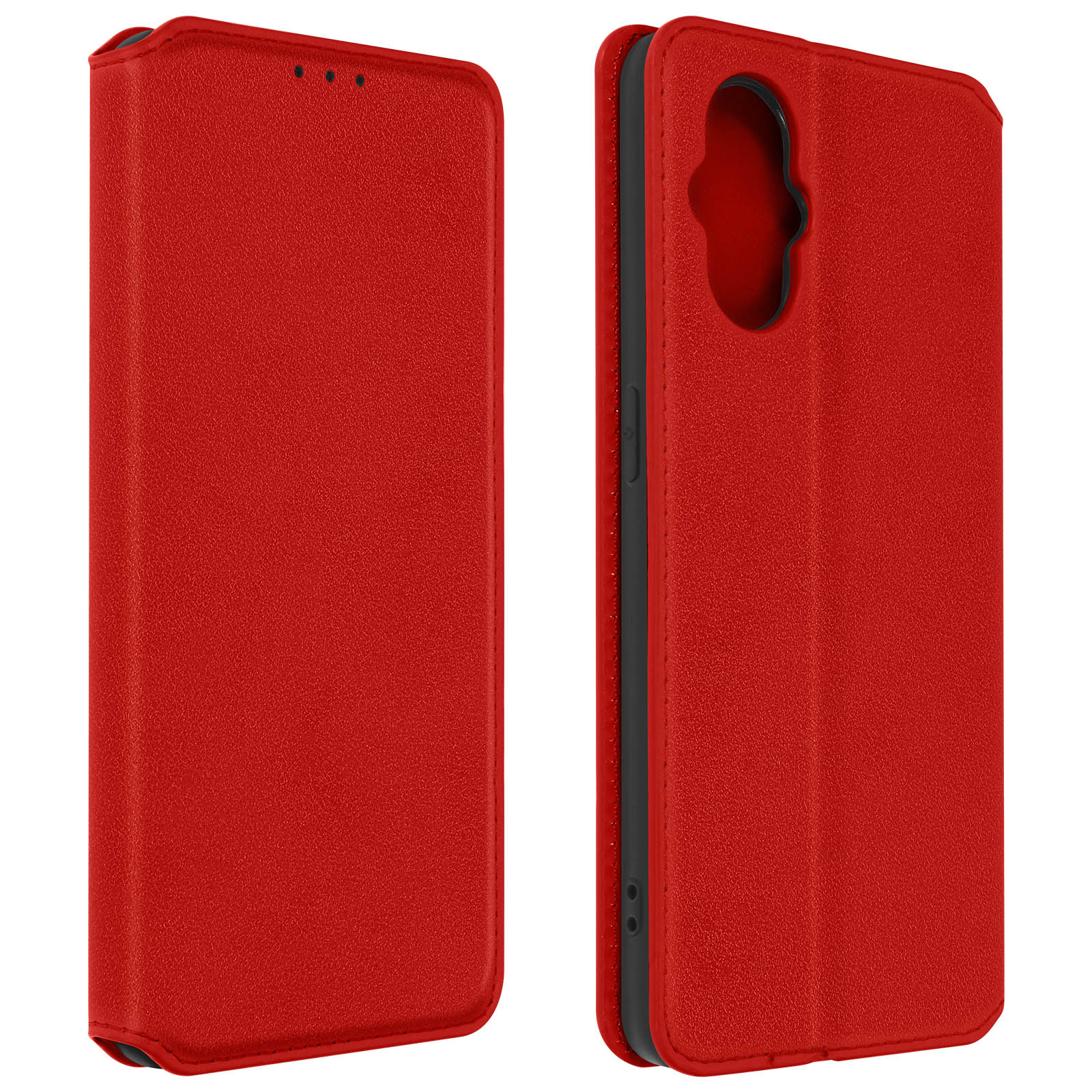 Custodia rossa per telefono, aperta e chiusa. La custodia ha una consistenza liscia.