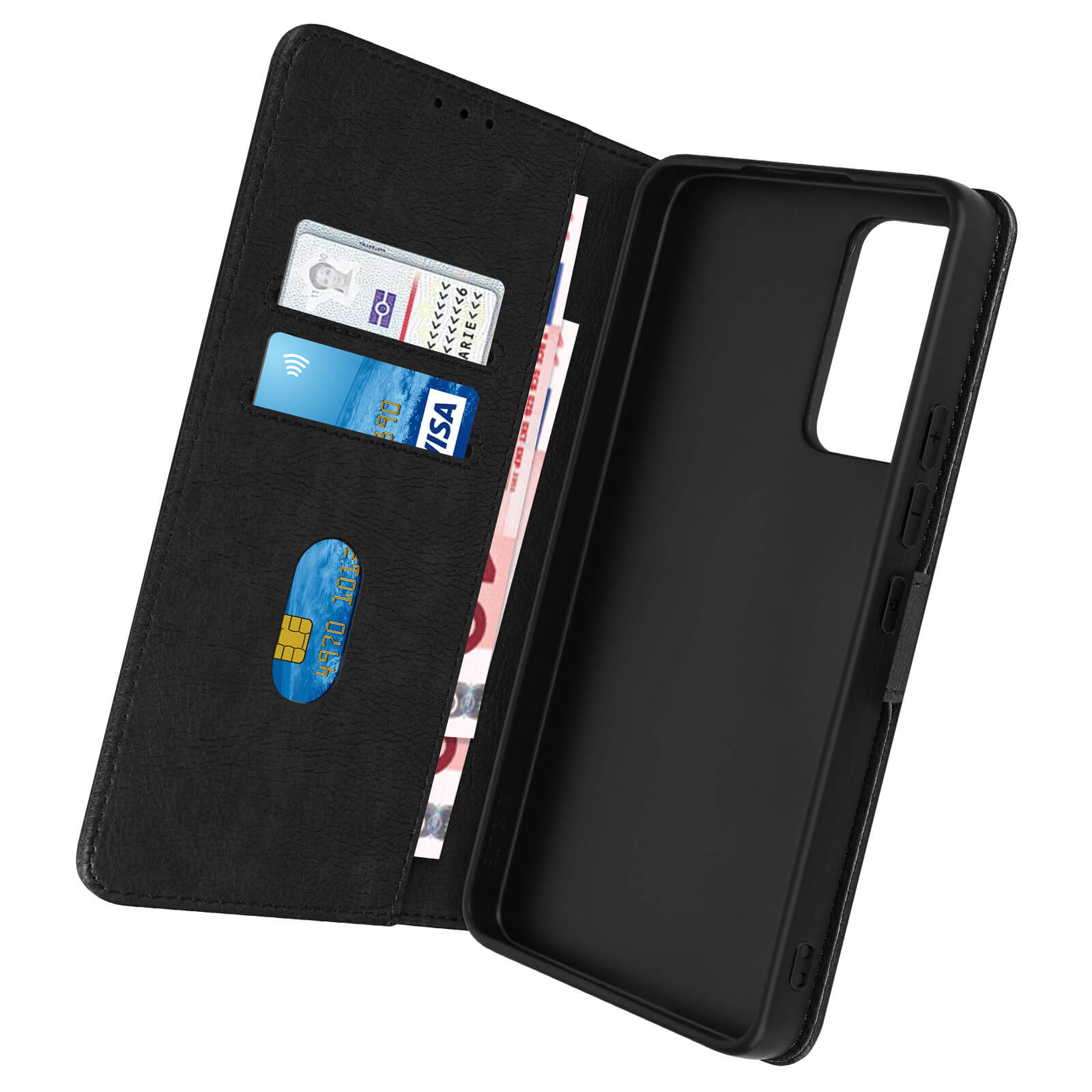 Schwarze Folio-Handyhülle offen. Es hat Kartenfächer mit Karten und einer Rechnung. Das Telefon ist sichtbar.