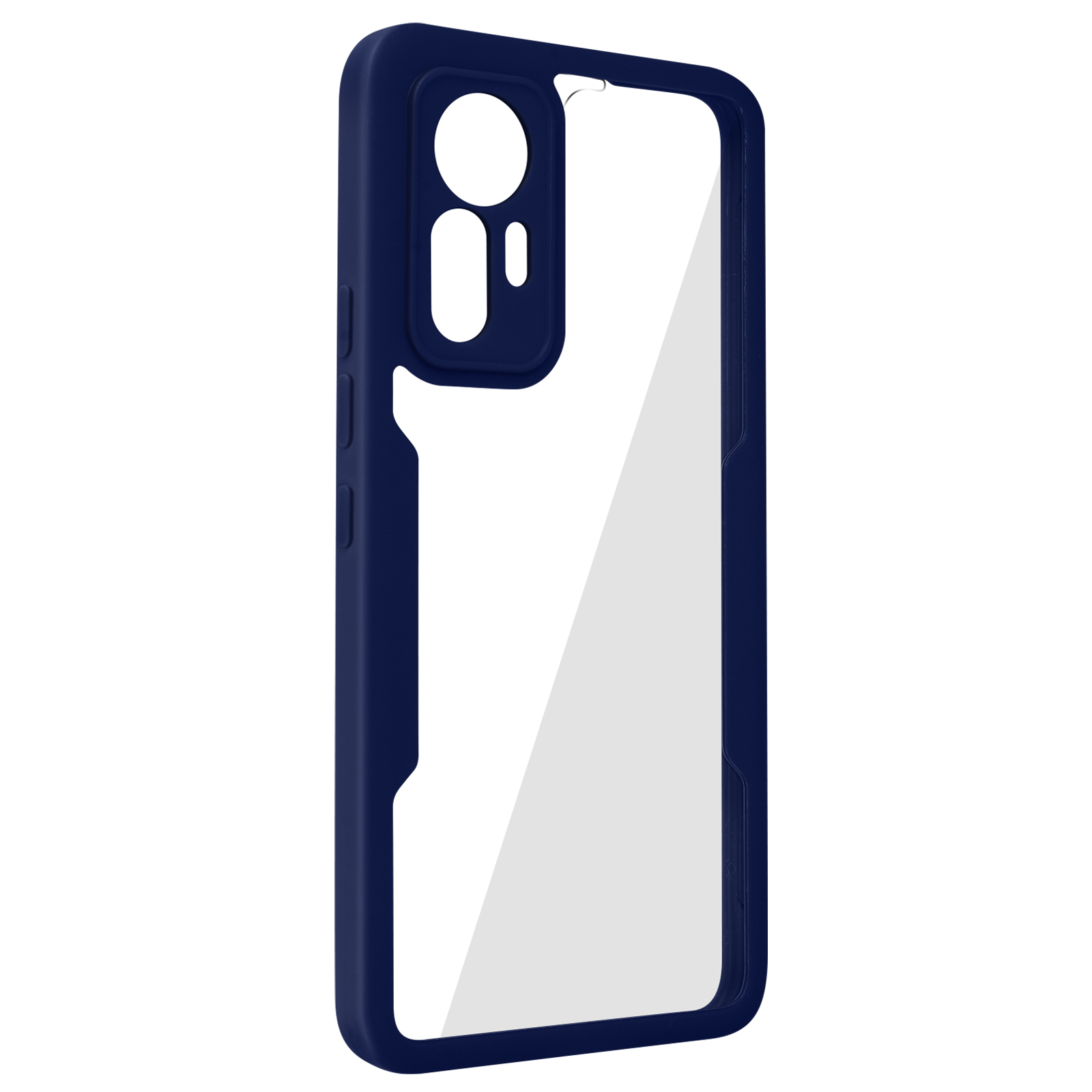 Coque de téléphone bleue avec dos transparent. Fond blanc, boutons visibles.