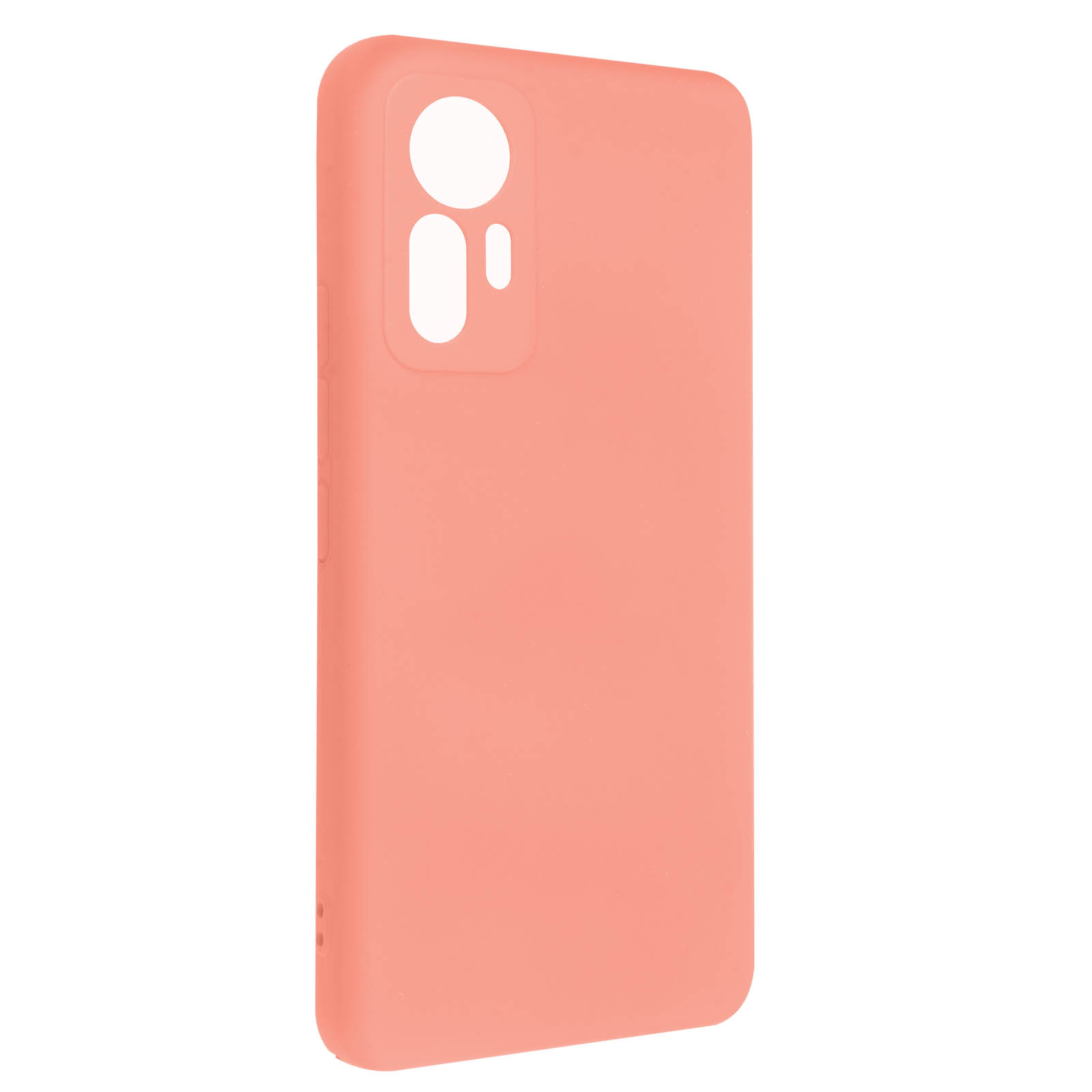 Custodia rosa per telefono. Ha ritagli per fotocamera e pulsanti.