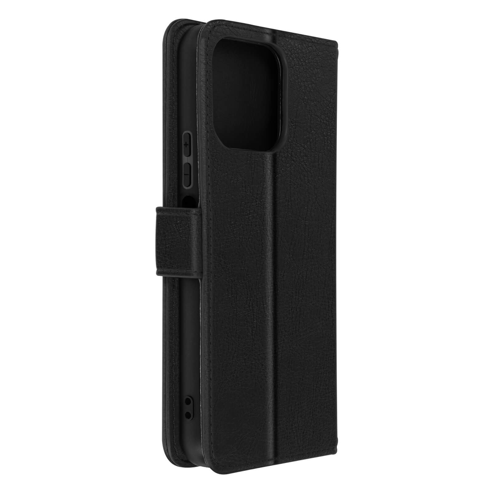 Eine schwarze Telefonhülle, geschlossen und aufrecht stehend, mit lederartiger Textur und Magnetverschluss.