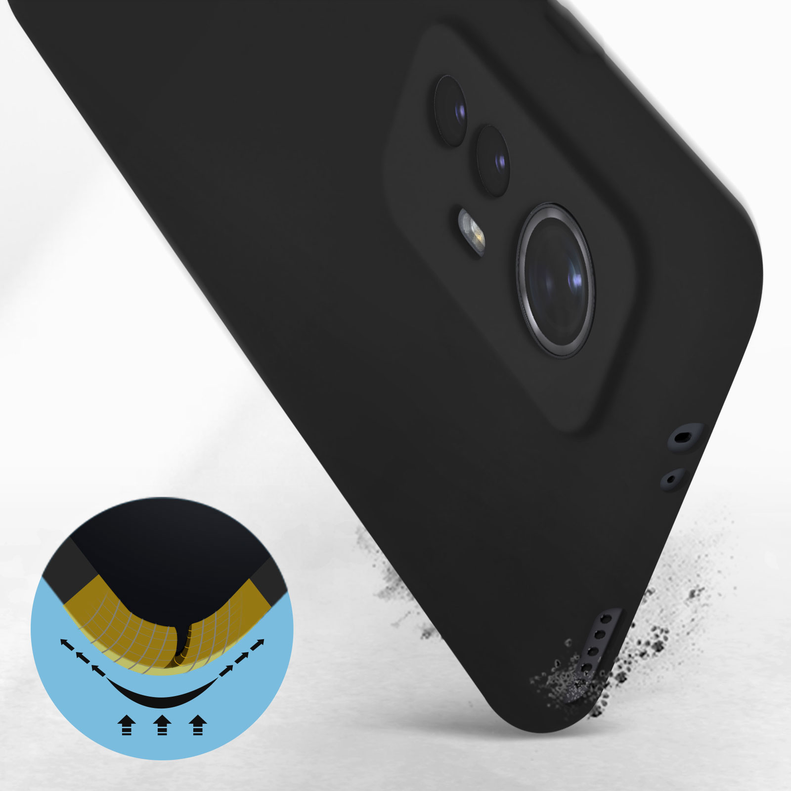 Custodia per telefono nera con fori per fotocamera. Un cerchio blu mostra la funzione antiurto.