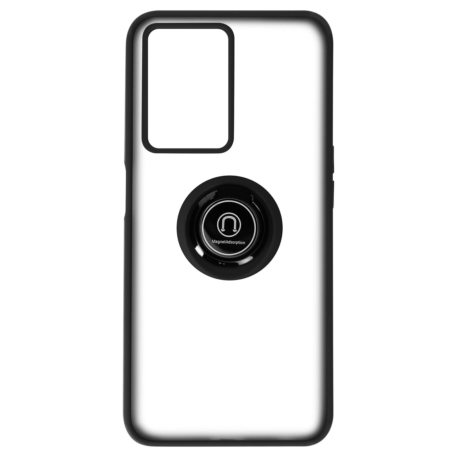 Custodia nera per telefono con centro bianco e anello nero per supporto.