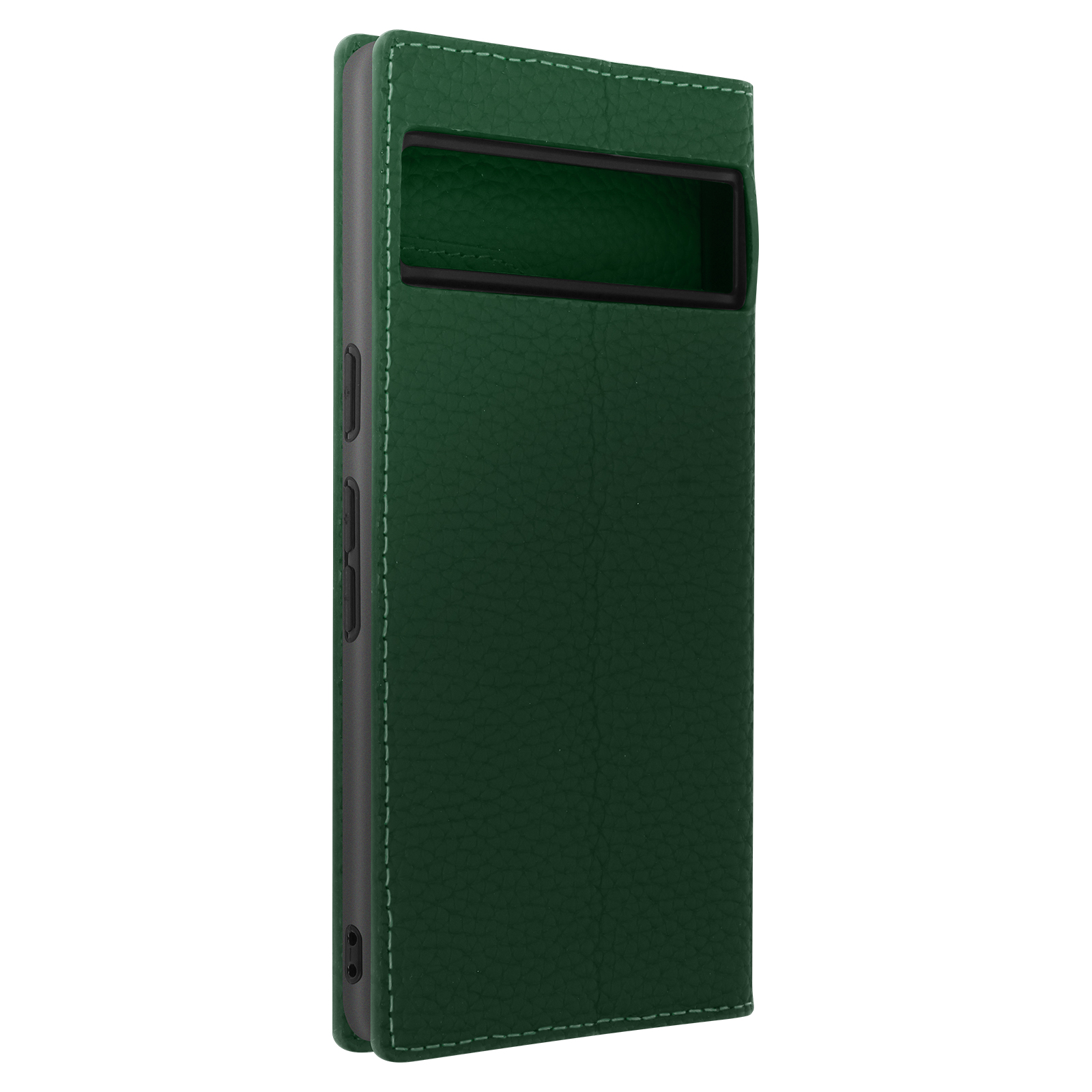 Coque de téléphone verte, fermée. Vue latérale montrant les boutons. Surface texturée.