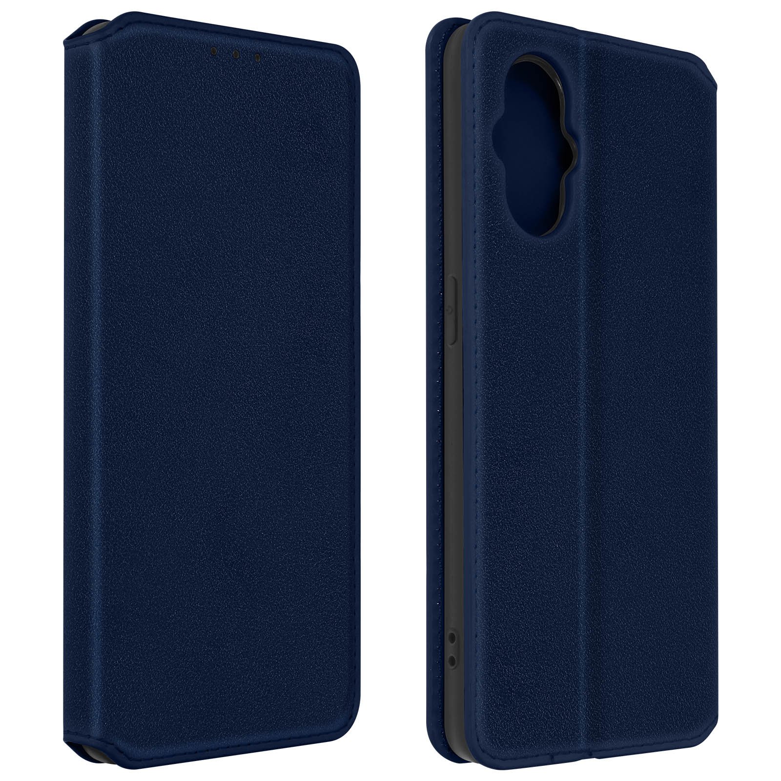 Una custodia per telefono in pelle blu scuro, aperta e chiusa. Due lati di una custodia per telefono.