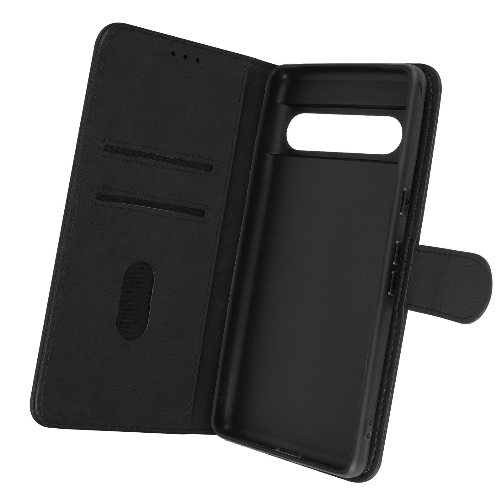 Custodia nera per telefono, aperta. L'interno è anch'esso nero. Uno scomparto per carte è visibile.