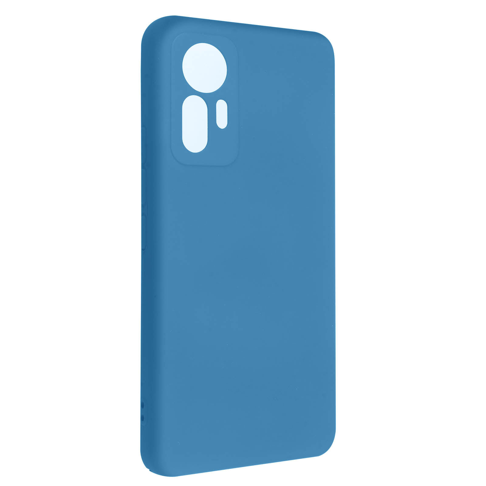 Custodia blu per telefono su sfondo bianco, mostra i ritagli per fotocamera e pulsanti.