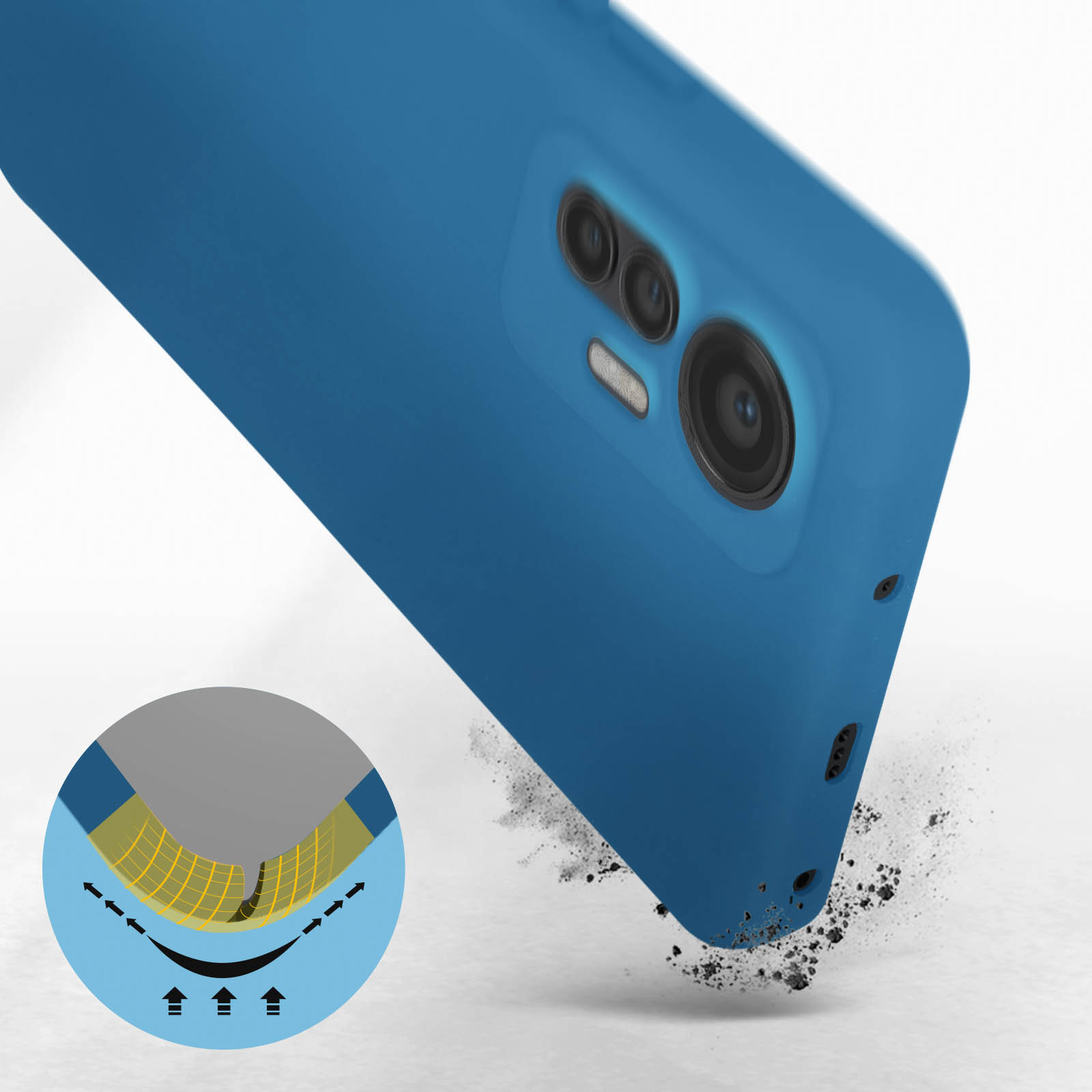 Una custodia blu per telefono con fotocamere. È presente una piccola esplosione di polvere.