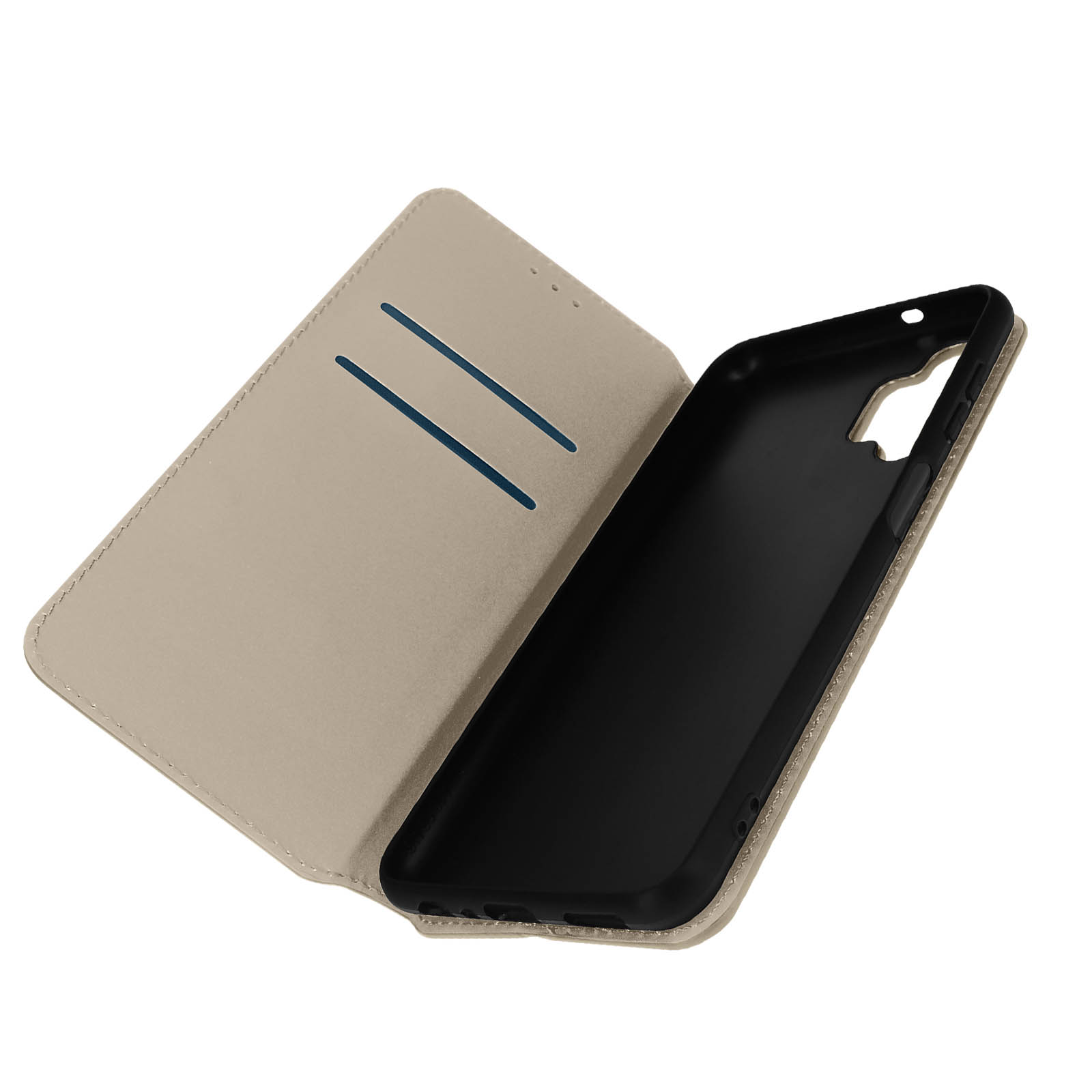 Una custodia per telefono aperta per mostrare l'interno con due fessure per carte. Sfondo bianco.
