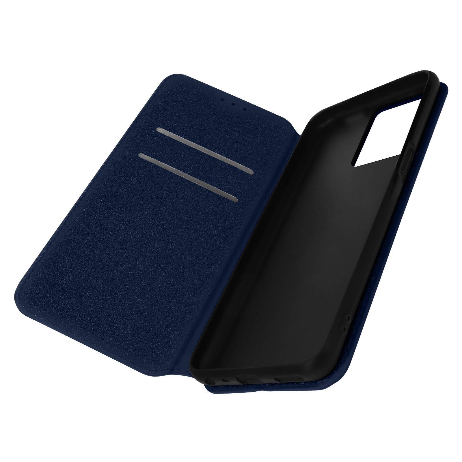 Custodia per telefono blu aperta con interno nero. Il lato sinistro ha fessure per carte. Il telefono non è inserito.