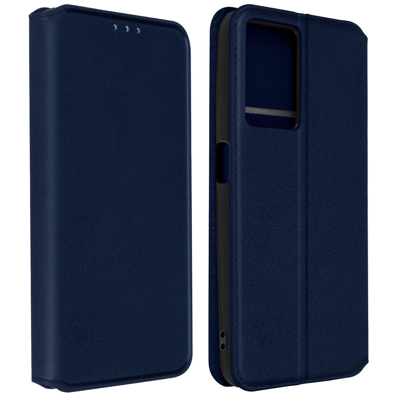 Custodia blu navy, stile a portafoglio. La custodia è chiusa.