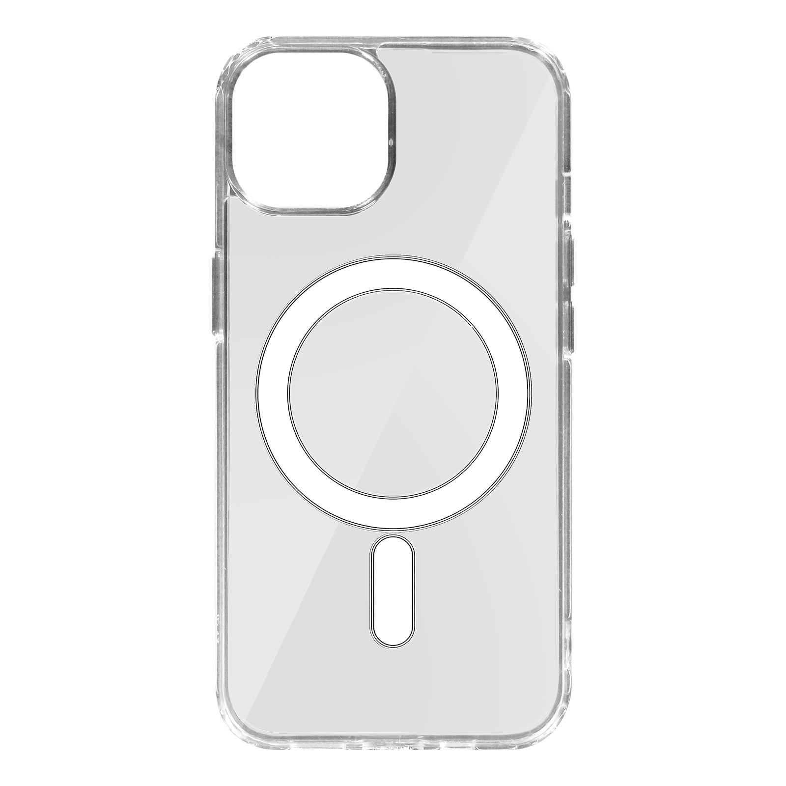 Custodia trasparente per telefono con anello magnetico bianco e ritaglio rettangolare.