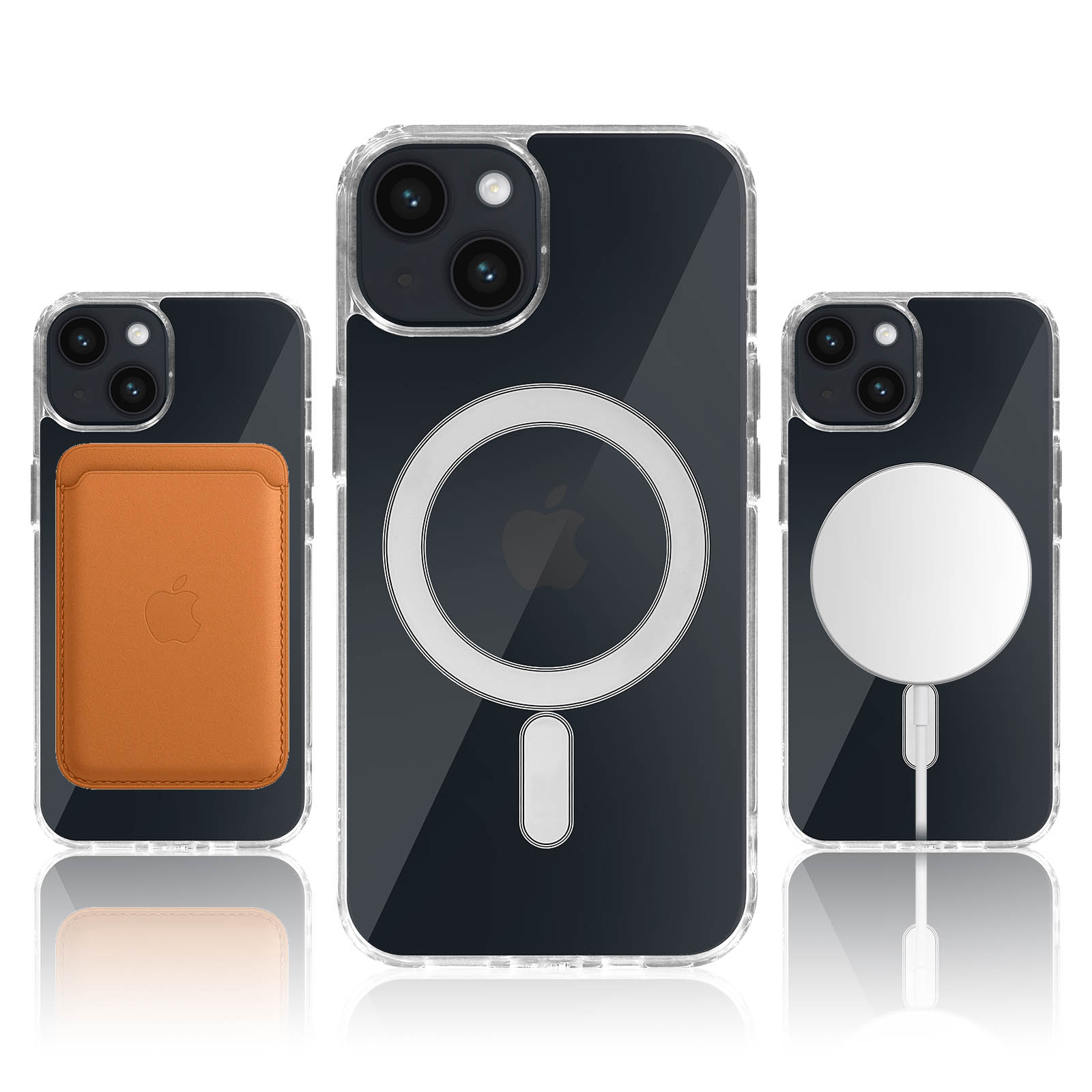 Tre telefoni con custodie trasparenti, uno con portafoglio, uno con anello magnetico e uno con caricatore.