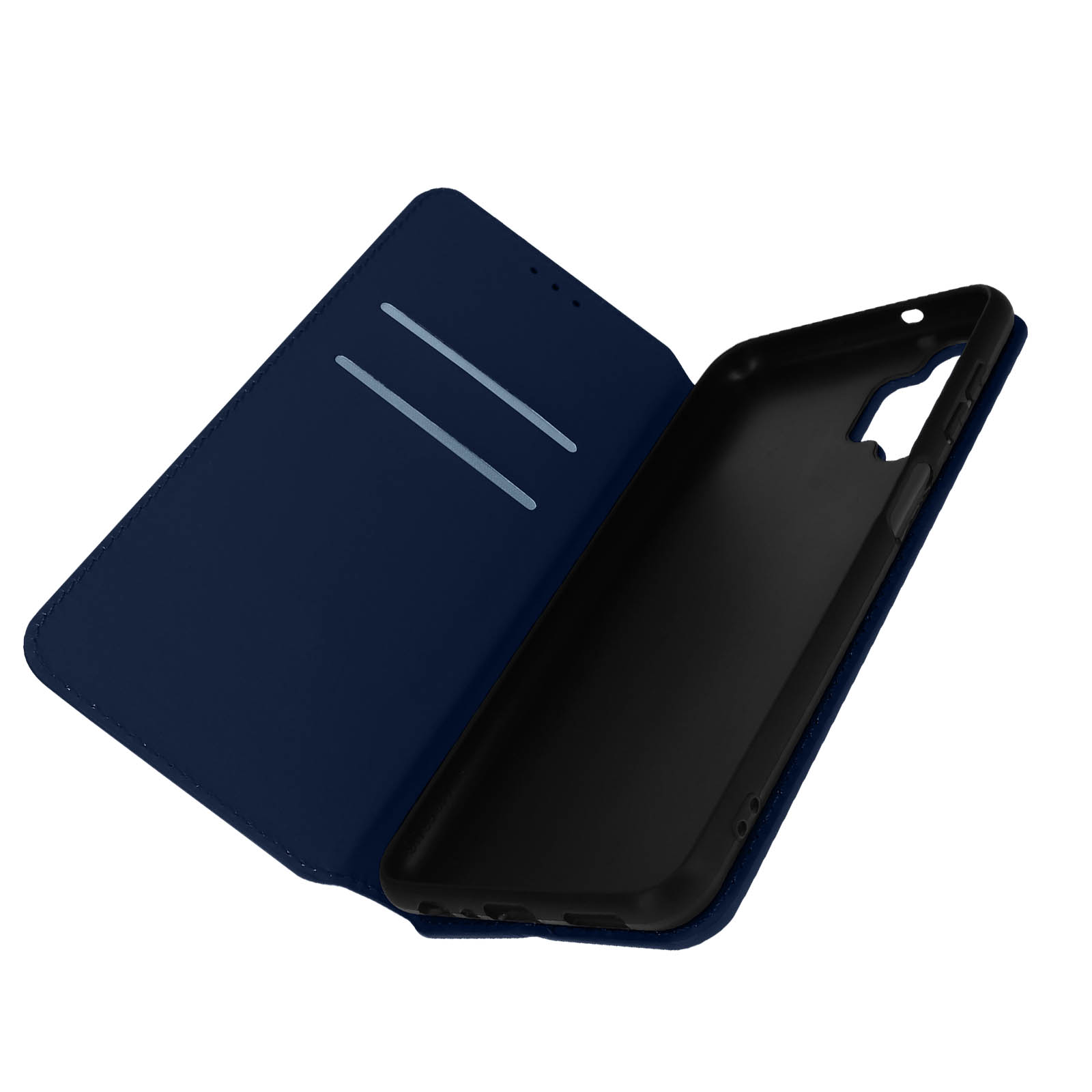 Una custodia per telefono blu aperta, con il telefono all'interno. La custodia ha fessure per carte.