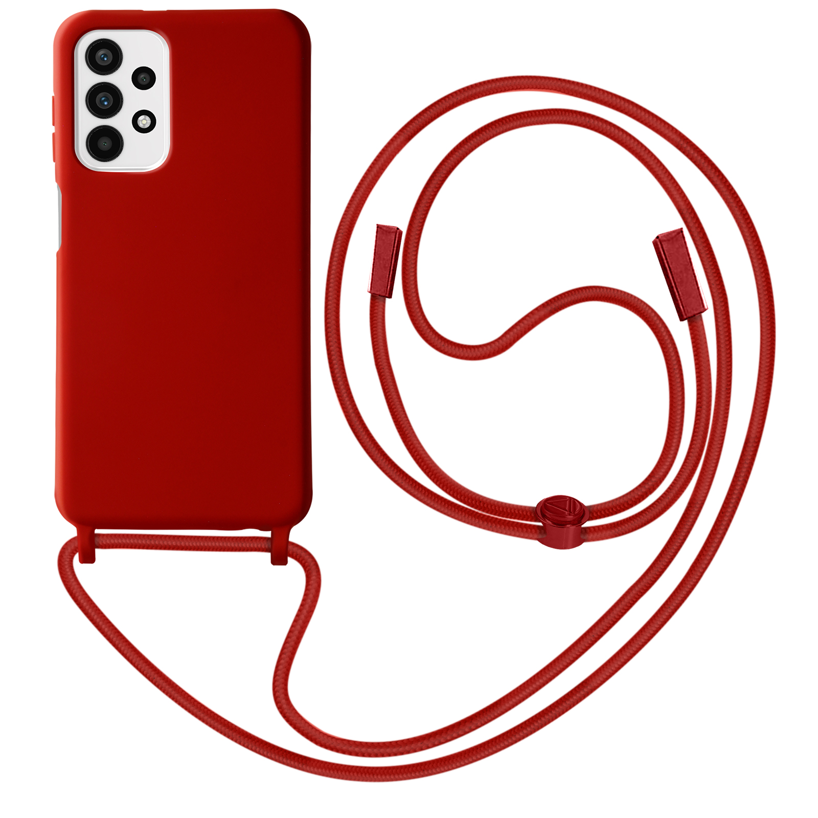 Rode telefoonhoes met een rode riem. De hoes is voor de telefoon.