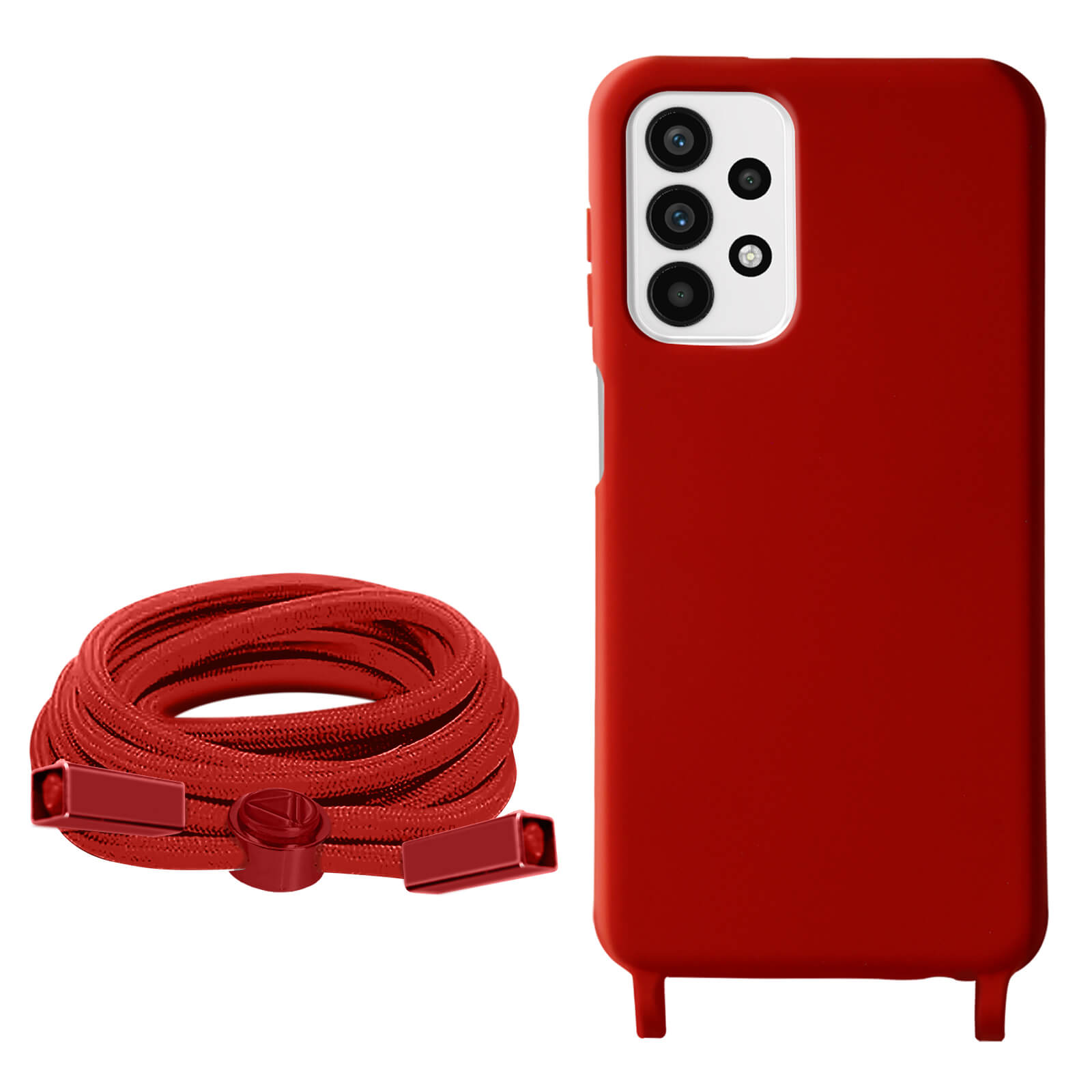 Rode telefoonhoes met een rood koord. De hoes heeft een camera-uitsparing.