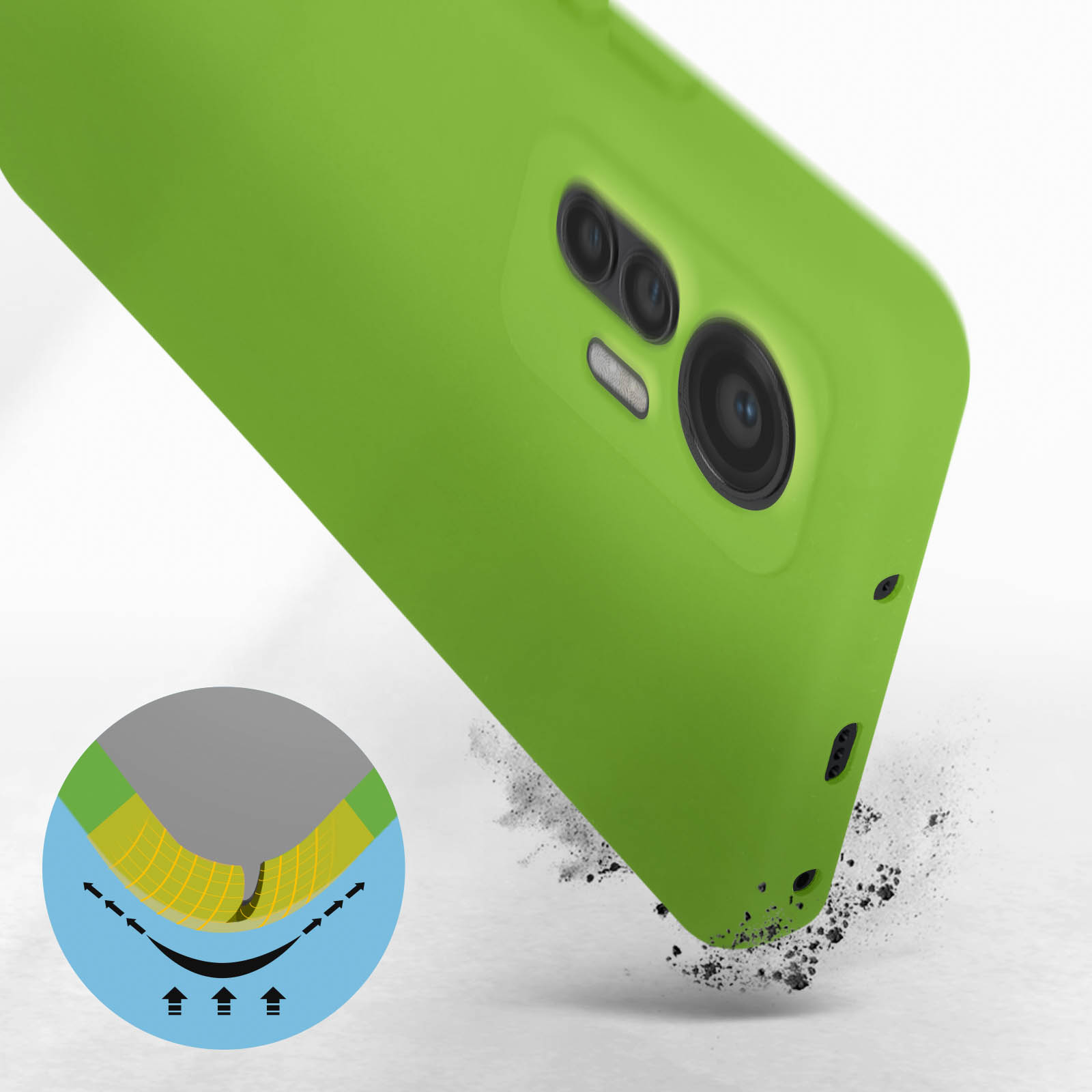 Custodia verde per telefono. Il terreno è incrinato. Primo piano della fotocamera.