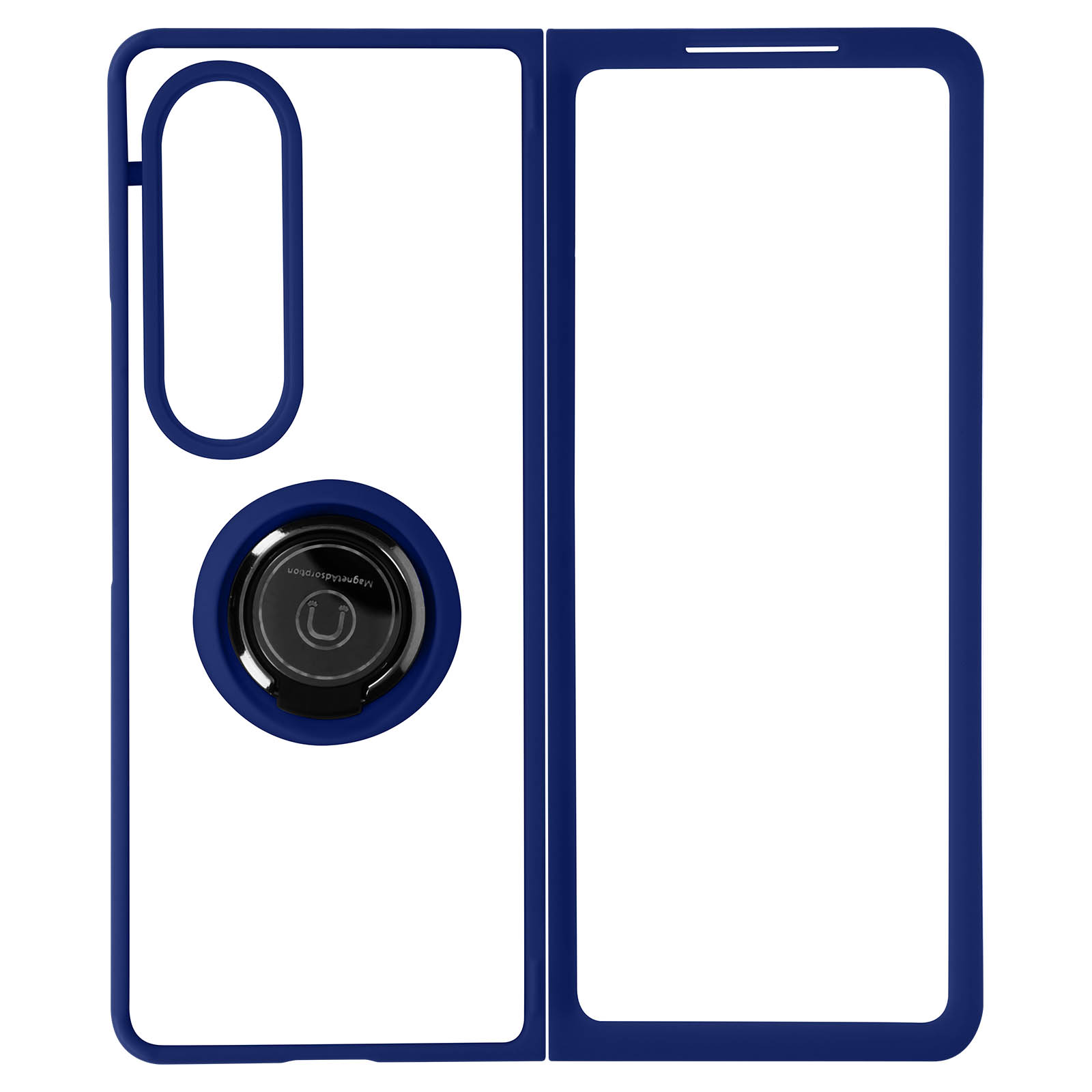 Custodia blu per telefono con supporto ad anello, lo schermo del telefono è aperto.