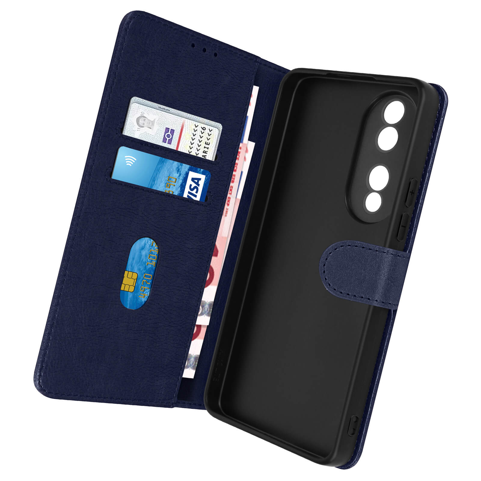 Custodia per telefono con esterno e interno blu con fessure per carte e contanti. Il telefono non è dentro.