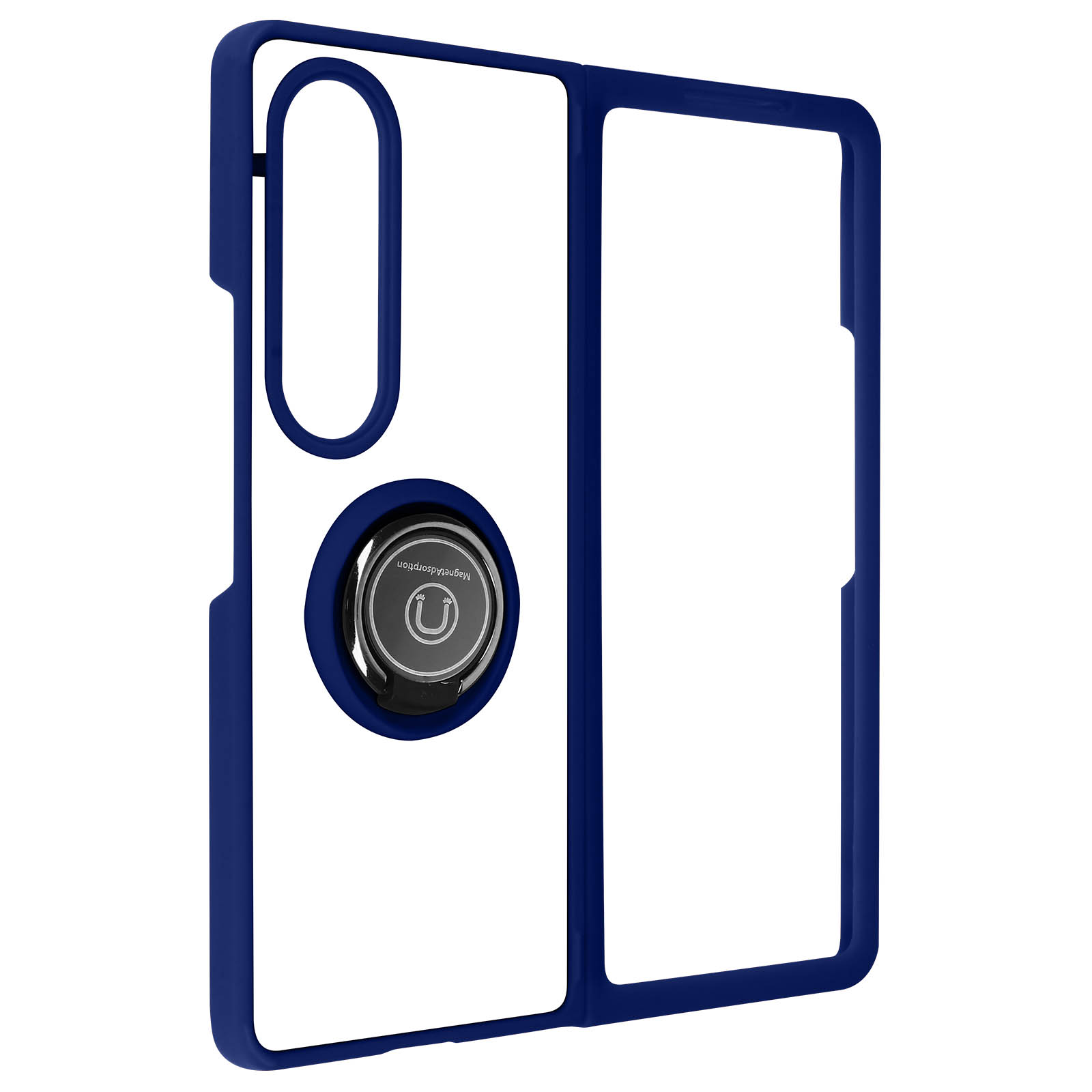 Custodia blu per telefono con anello. Interno bianco. Bordo blu.