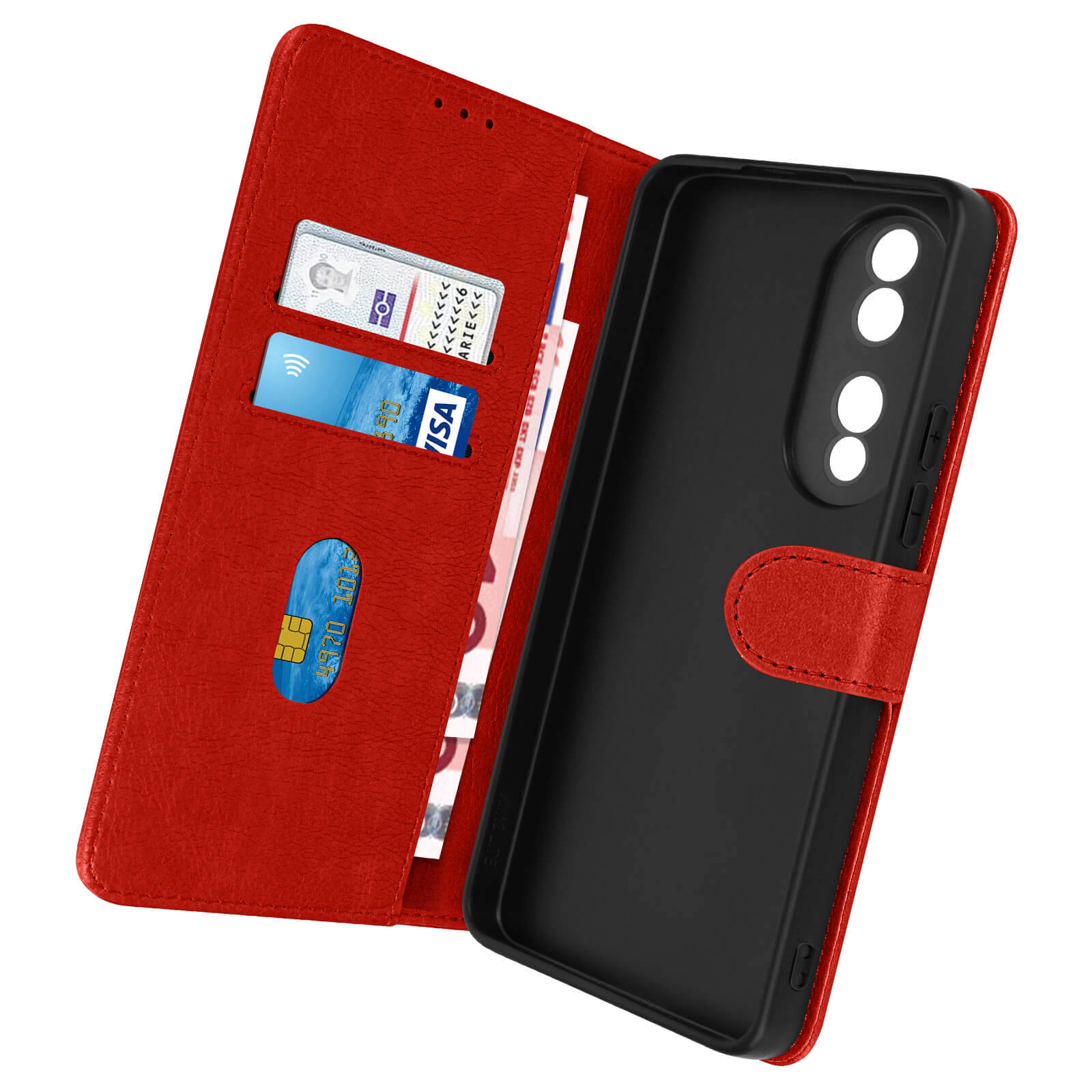 Custodia rossa per telefono, aperta per mostrare carte e telefono all'interno.